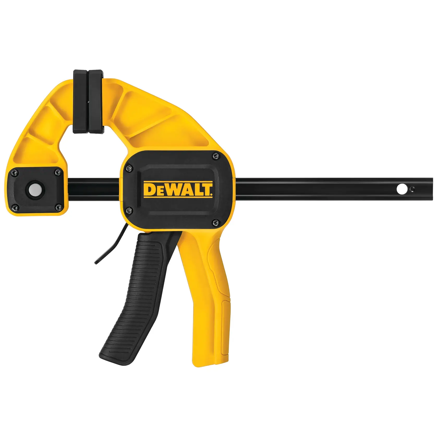 Morsetto a grilletto DEWALT giallo e nero con manico e ganascia mobile per fissare materiali.