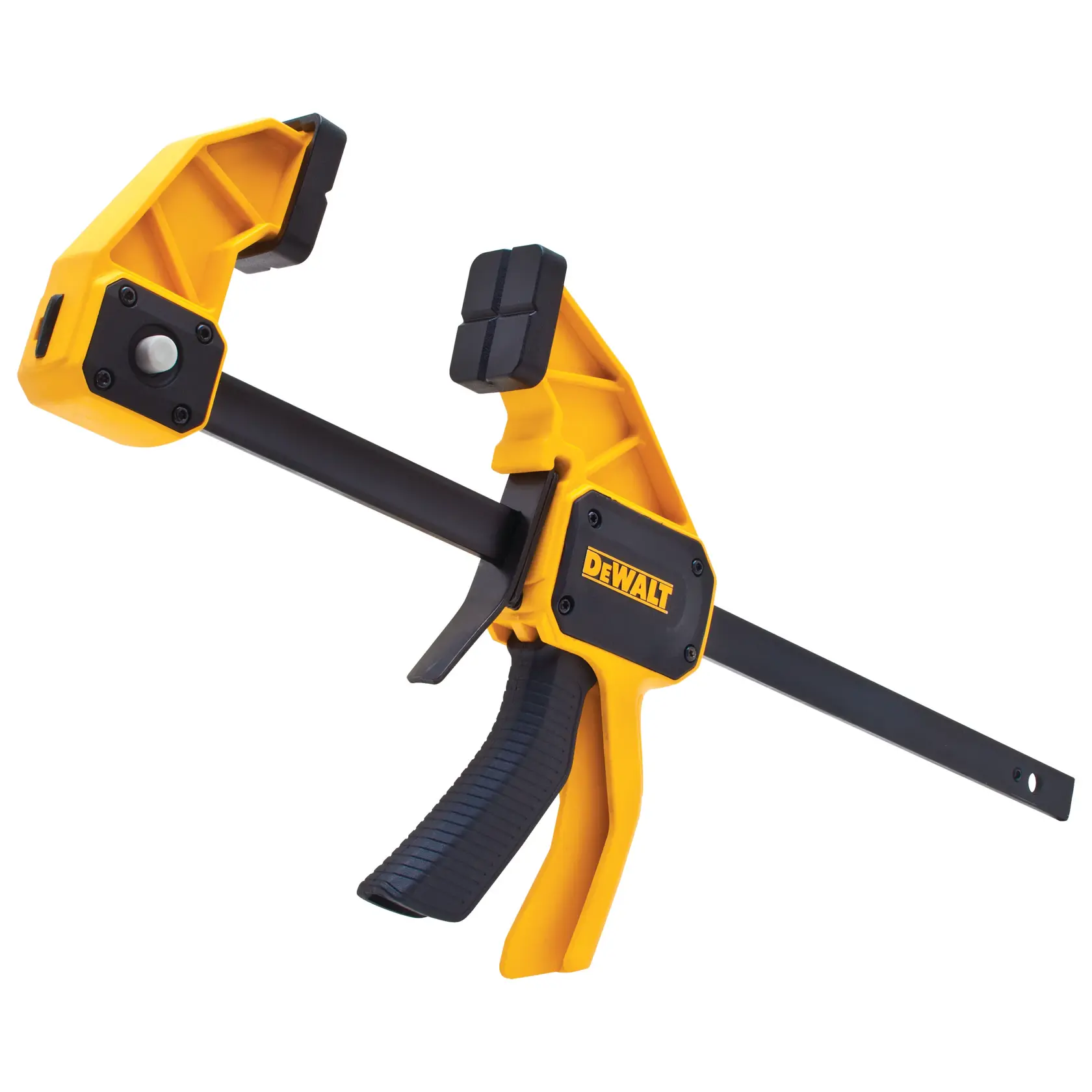 Morsetto a barra DEWALT giallo e nero, utilizzabile con una mano per fissare materiali durante il lavoro.