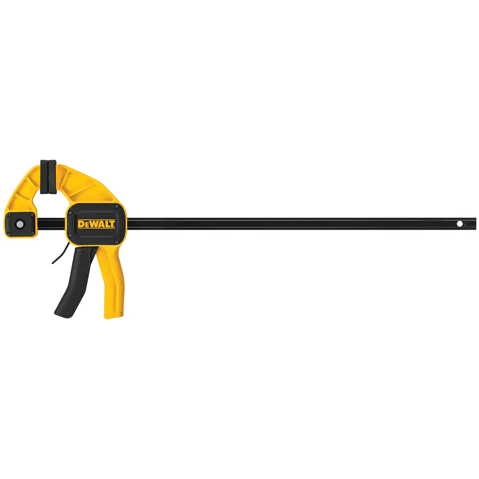 Morsetto a barra DEWALT rapido con manico giallo e nero, ideale per lavorazioni del legno.