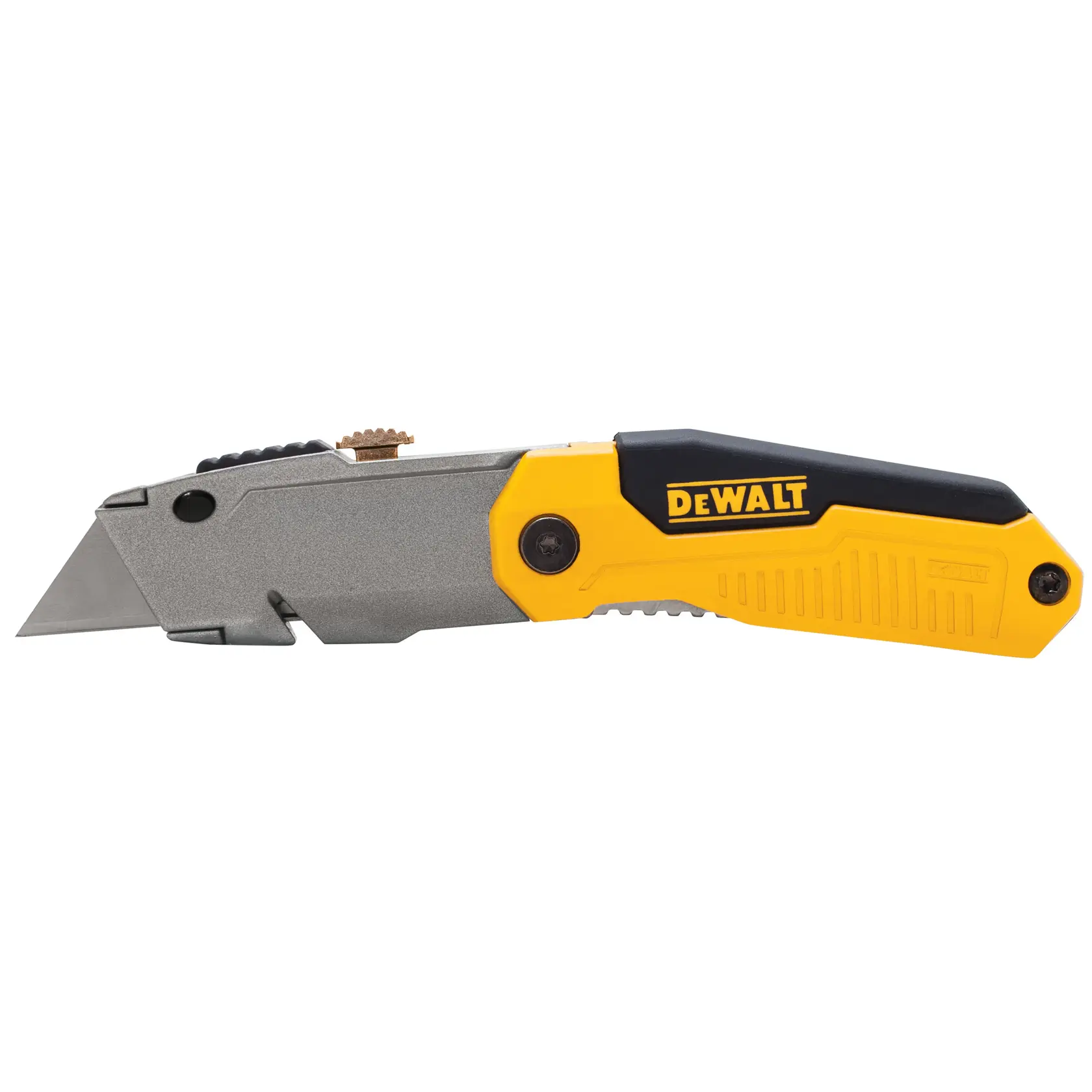 Coltello multiuso DEWALT con manico giallo e nero e lama retrattile.