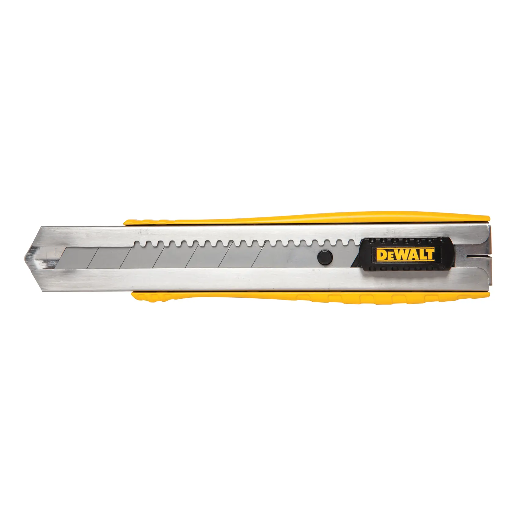 Taglierino DEWALT giallo con lama segmentata retrattile, su sfondo bianco.
