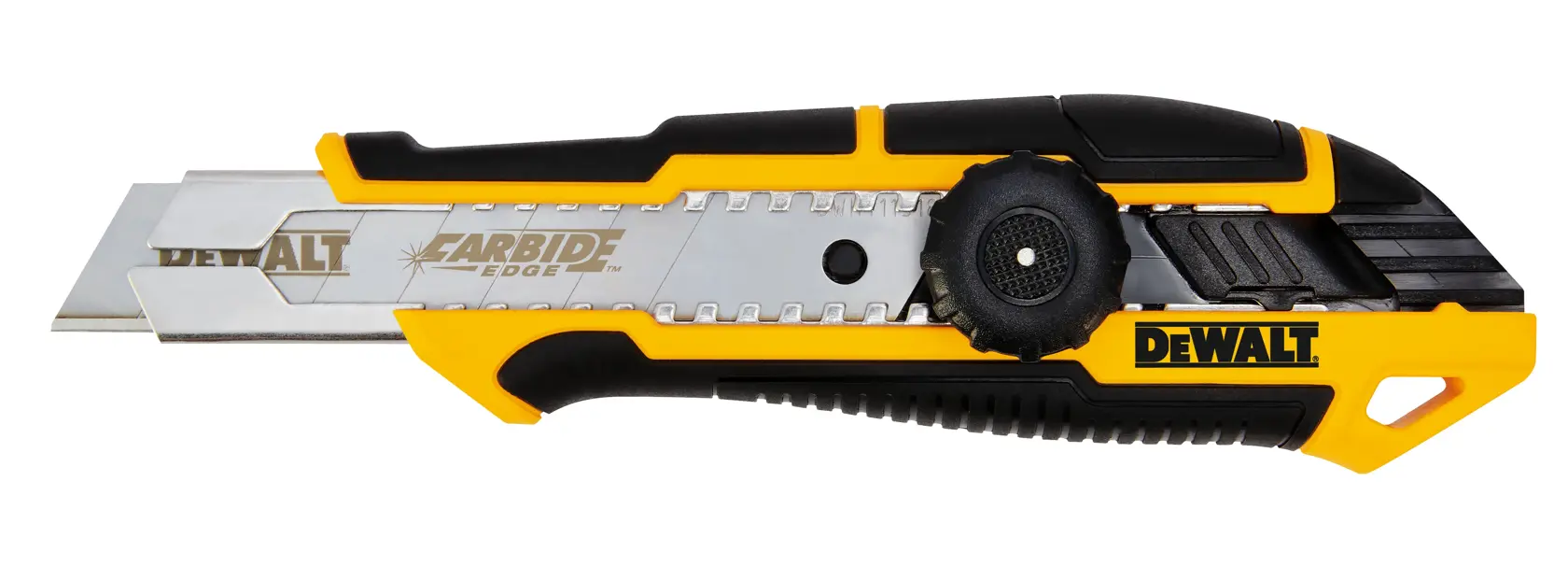 Coltello DEWALT retrattile con lama al carburo, giallo e nero, vista laterale.