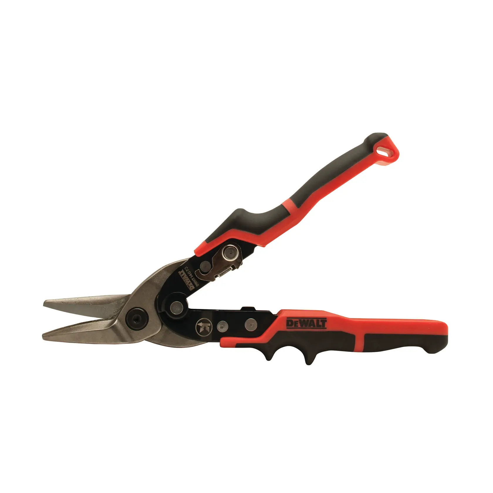 Cisailles à tôle d'aviation DEWALT avec poignées ergonomiques noires et rouges et lames de coupe inclinées, présentées sur fond blanc.