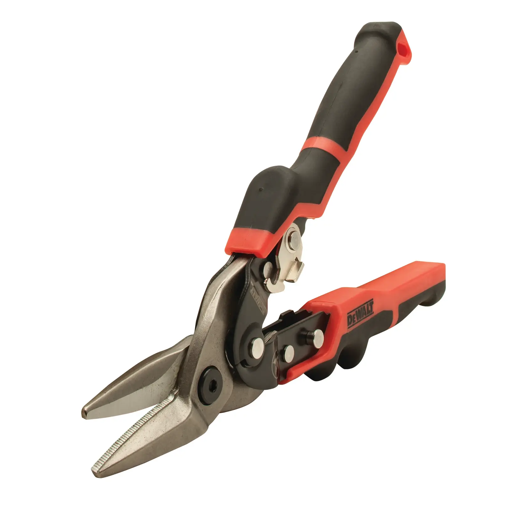 DEWALT metal cutting aviation snips with ergonomic black and red handles and angled cutting blades, shown on a white background.