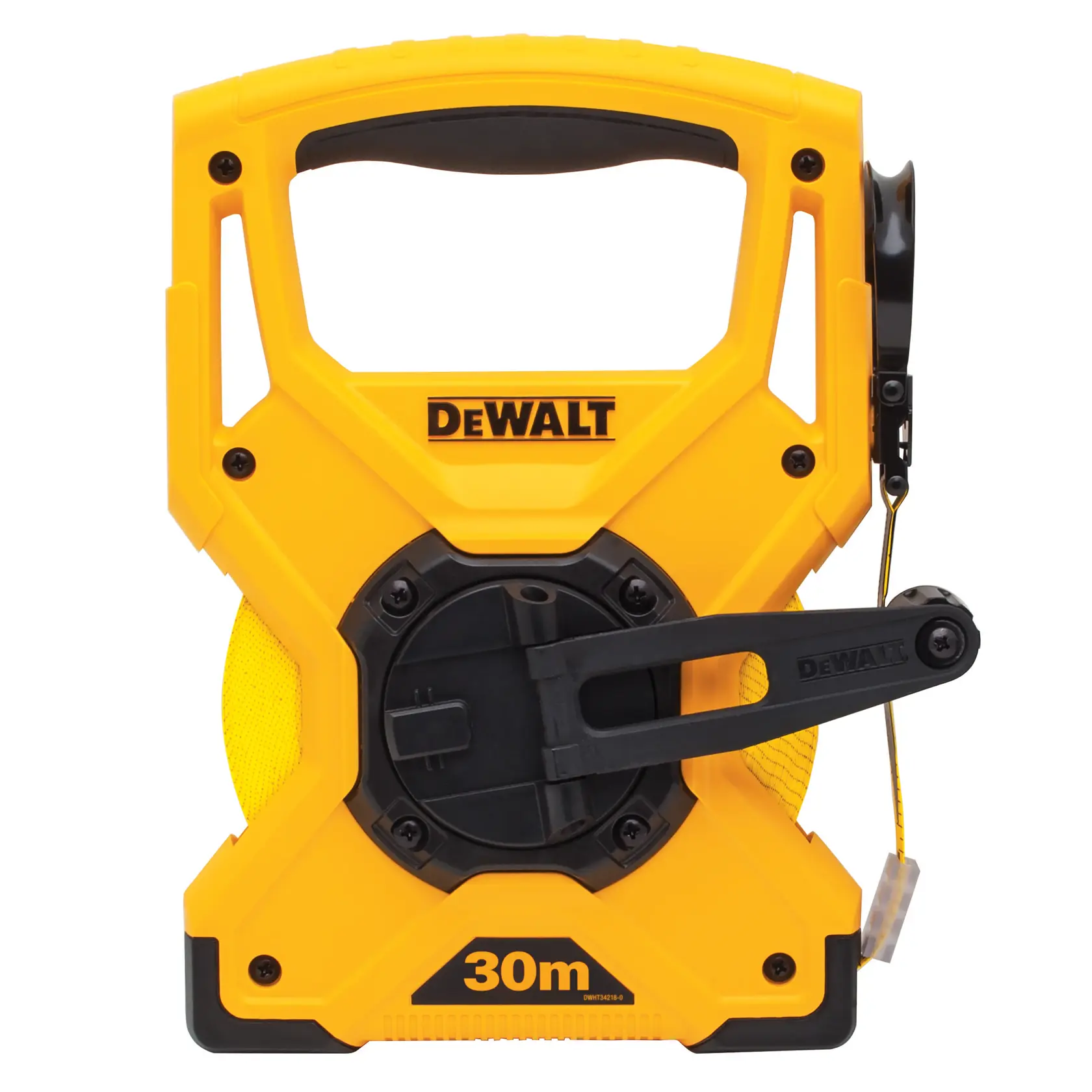 Metro a nastro DEWALT 30m in custodia gialla robusta con manico e manovella retrattile.