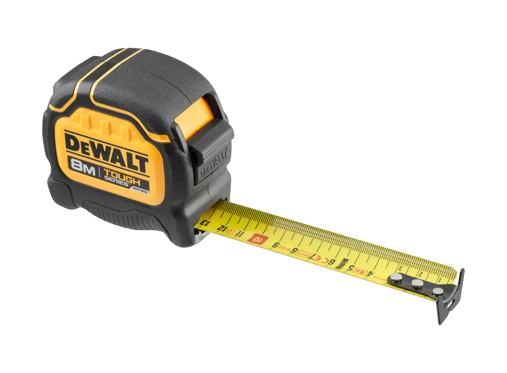 Metro a nastro DEWALT Tough Series 8m giallo con custodia nera, parzialmente estratto.