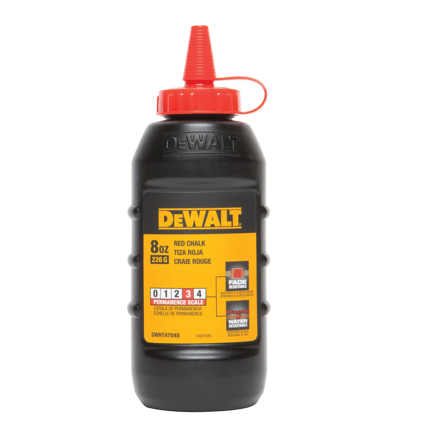 Bottiglia da 8oz di gesso rosso DEWALT, etichetta gialla e tappo rosso, per marcature in edilizia.