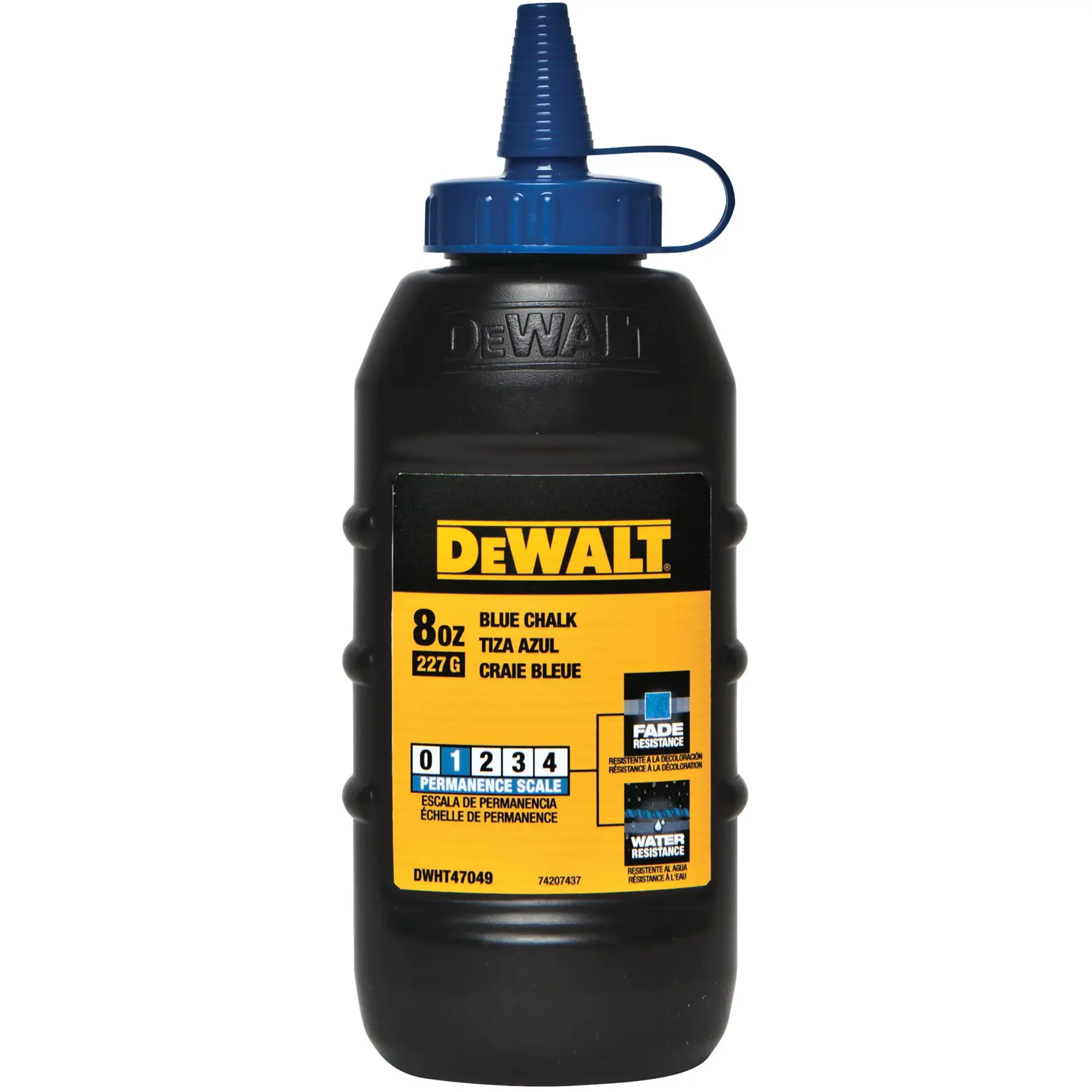 Bottiglia DEWALT 8oz di gesso blu con beccuccio per marcare linee, etichettata resistenza e durata.