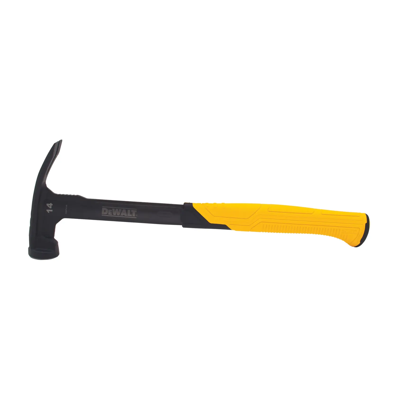 Martello a artiglio DEWALT con testa nera e manico ergonomico giallo su sfondo bianco.