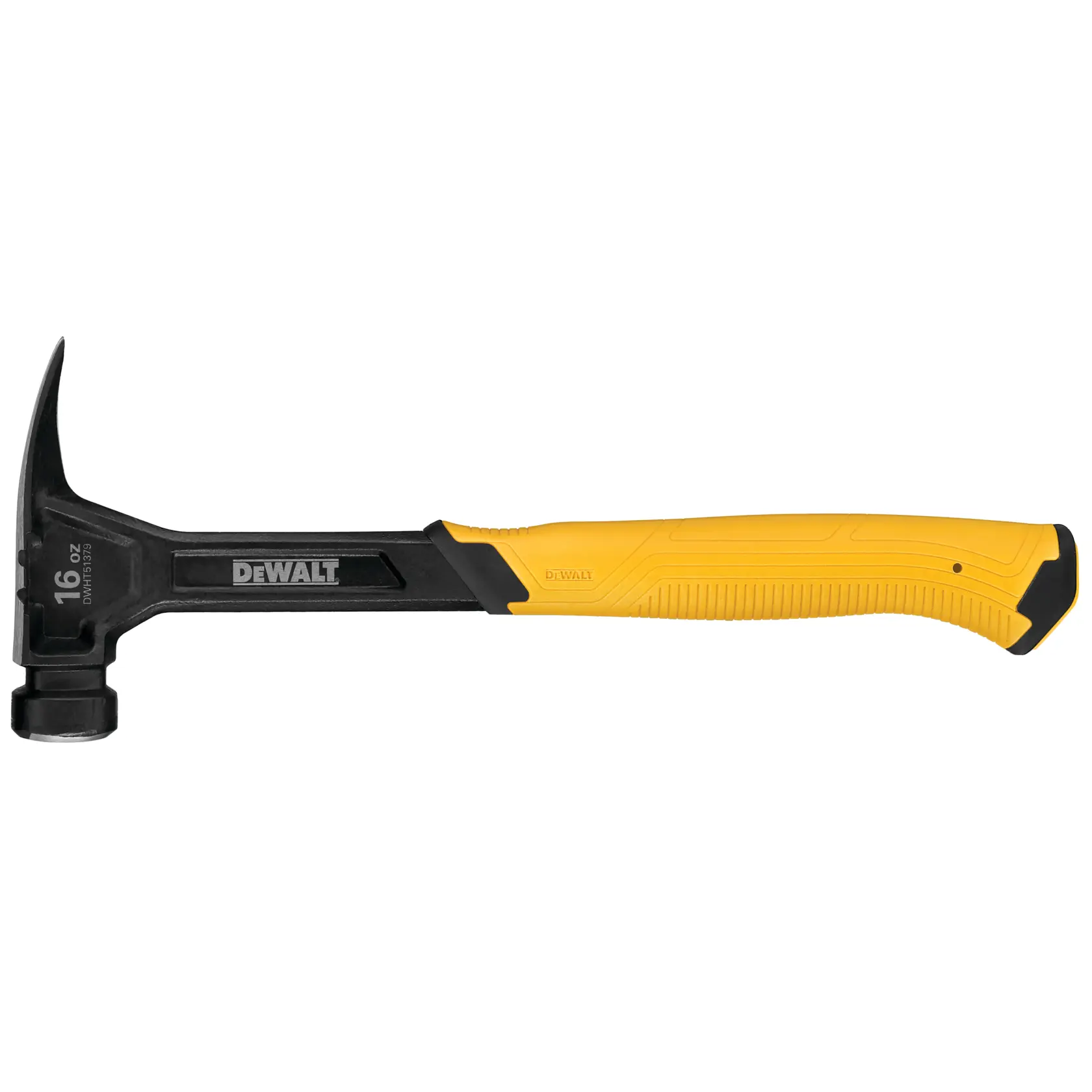 Martello DEWALT con testa nera e manico giallo, 16 oz, su sfondo bianco.
