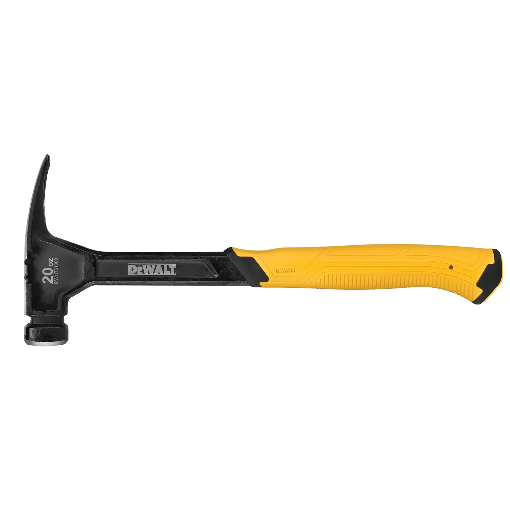 Martello a artiglio DEWALT con manico giallo e testa nera, 20 oz, su sfondo bianco.