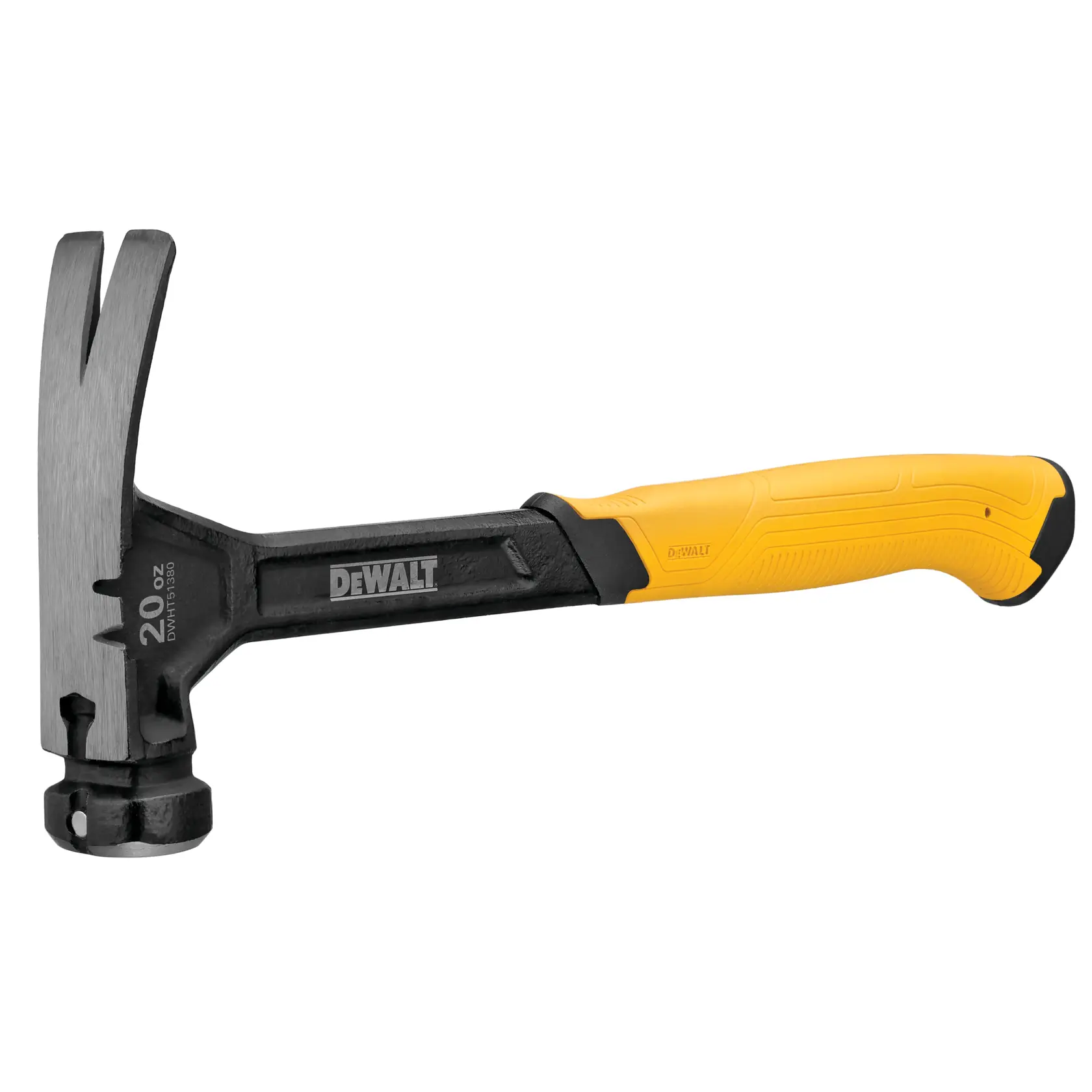 Martello DEWALT con manico giallo e testa a artiglio, modello DWHT51380-0, per edilizia e falegnameria.