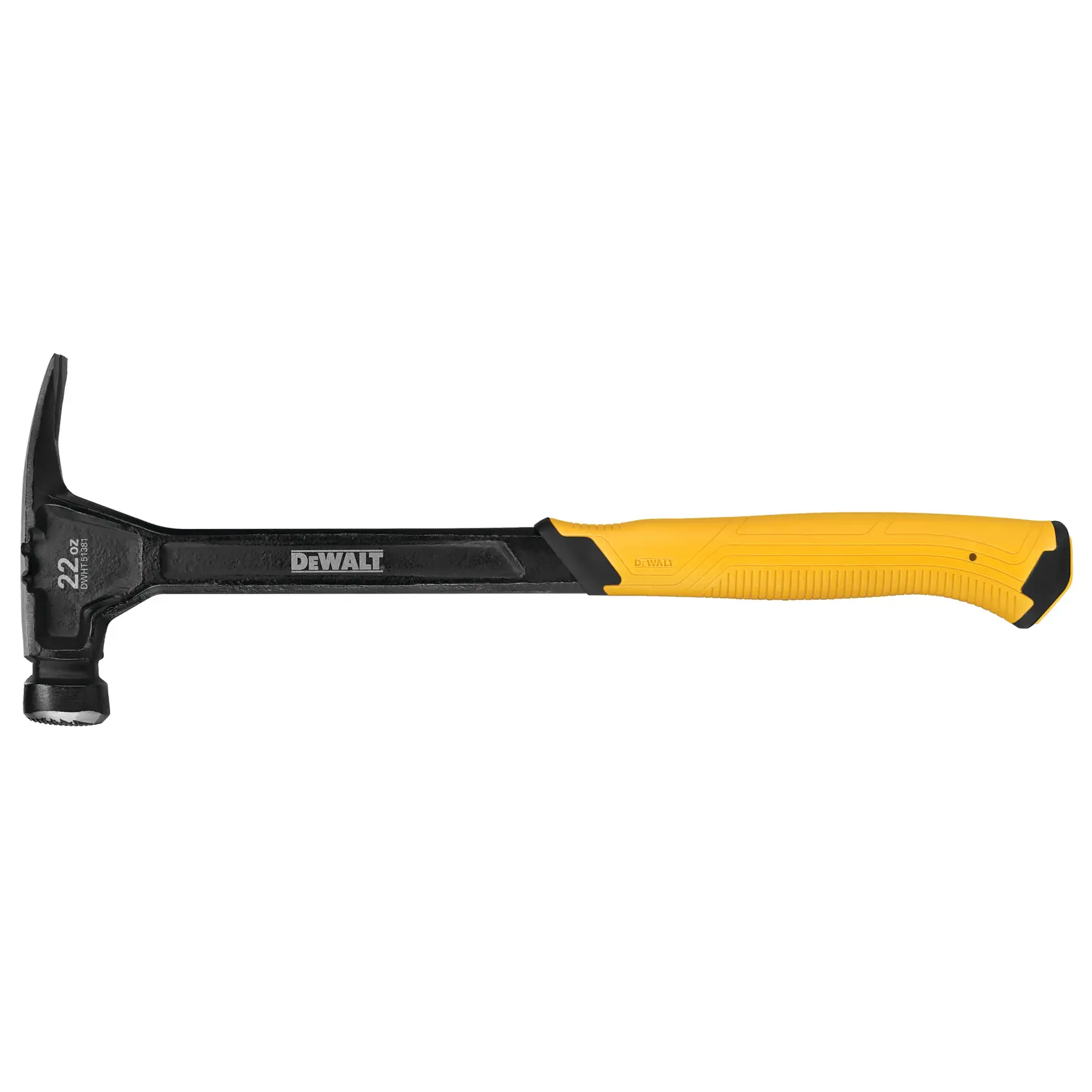 Martello DEWALT con testa nera, impugnatura ergonomica gialla, 22 oz, su sfondo bianco.