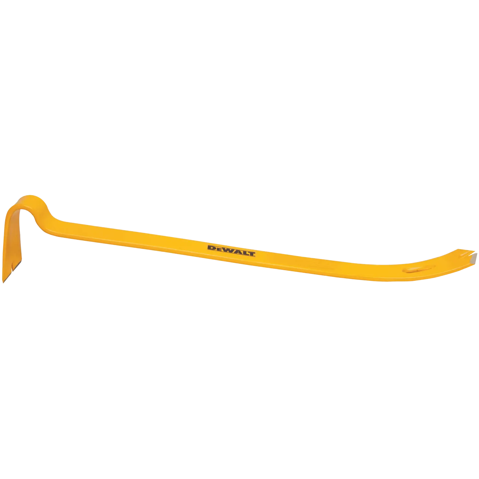 Un piede di porco giallo del marchio DEWALT con un'estremità curva e un artiglio piatto, progettato per lavori di demolizione e sollevamento.