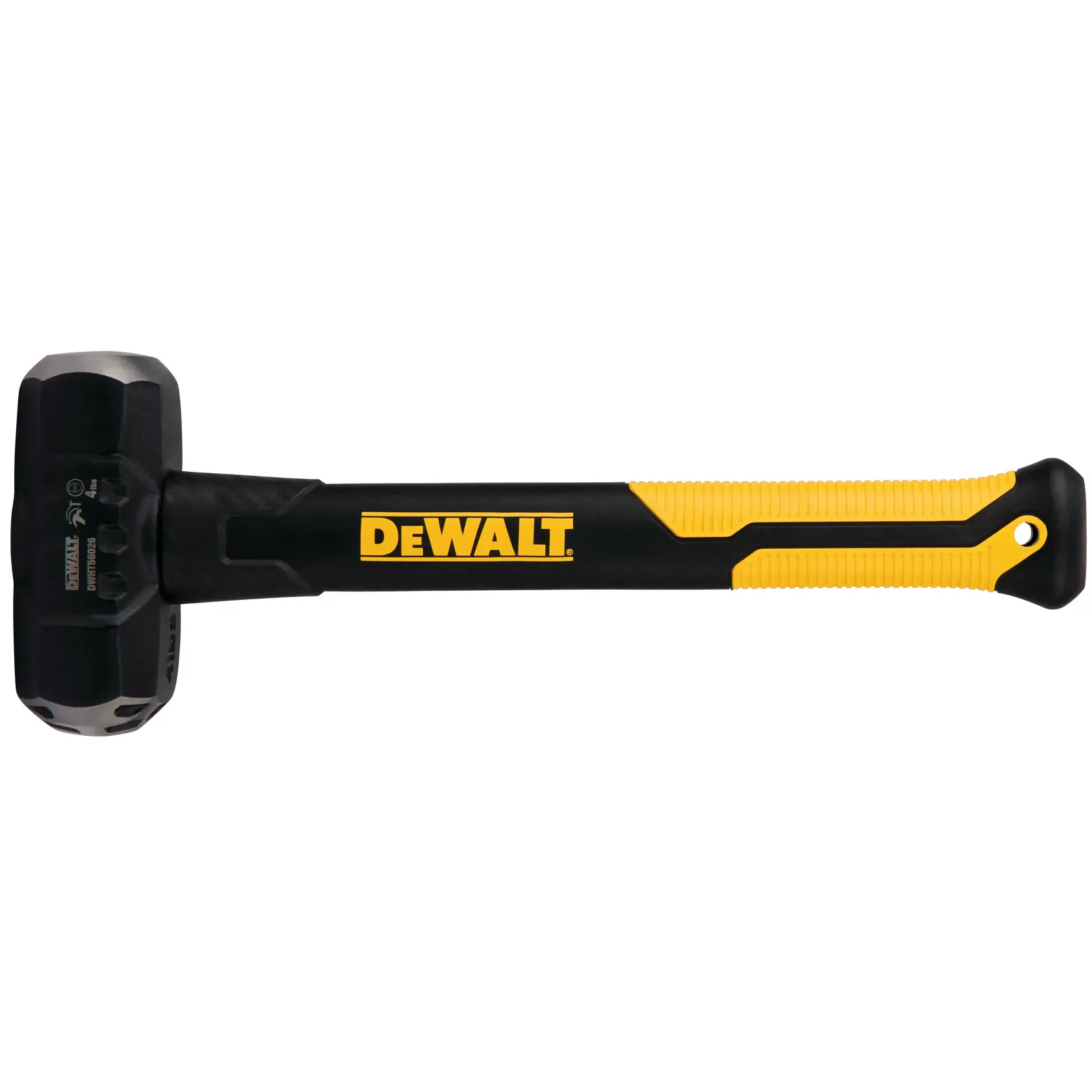 Mazza DEWALT nera e gialla con manico ergonomico su sfondo bianco.