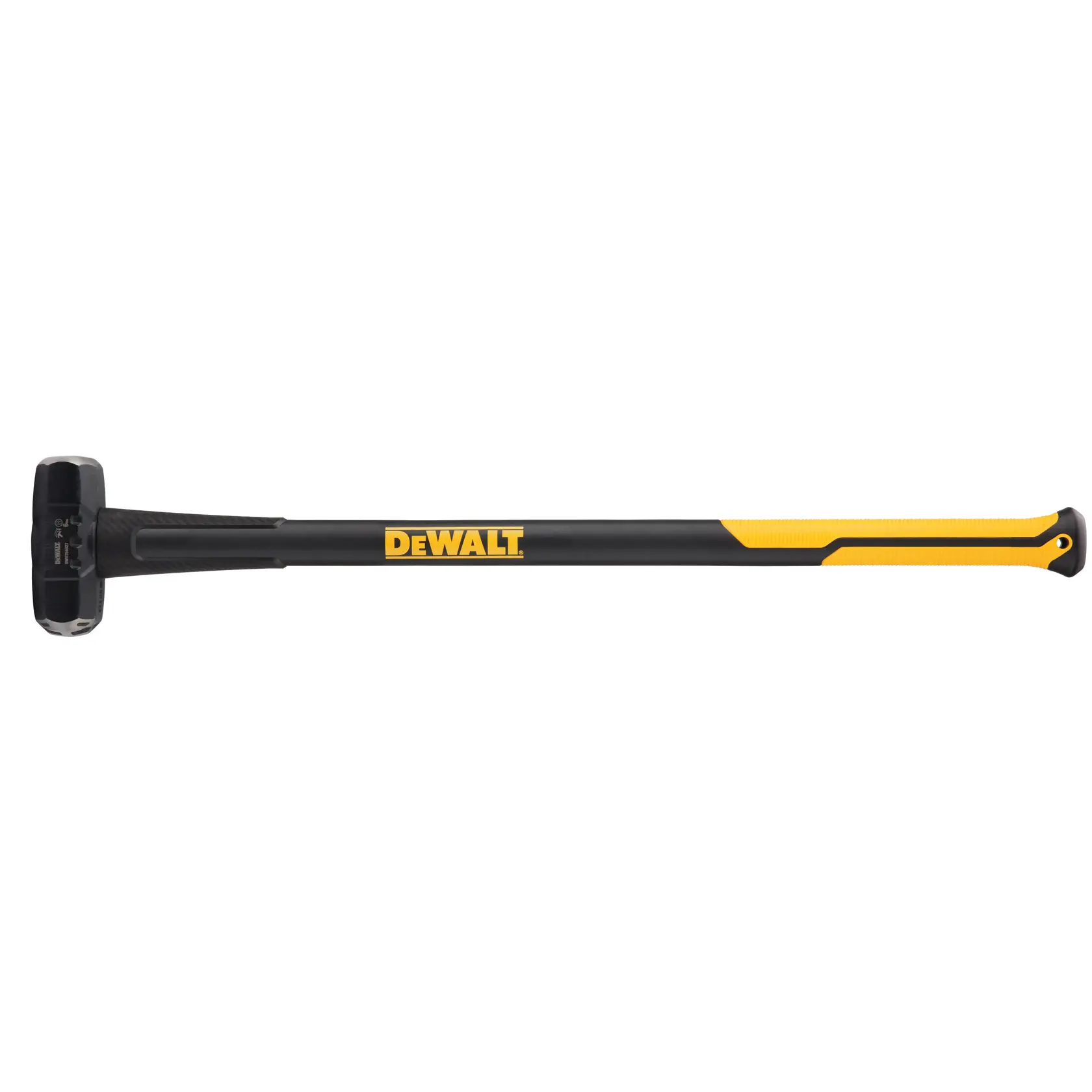 Un mazza DEWALT con manico nero e giallo, con il logo DEWALT al centro. La testa del martello è solida e robusta, progettata per usi intensivi.