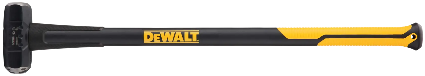 Un mazza DEWALT con manico nero e giallo, con il logo DEWALT al centro. La testa del martello è solida e robusta, progettata per usi intensivi.
