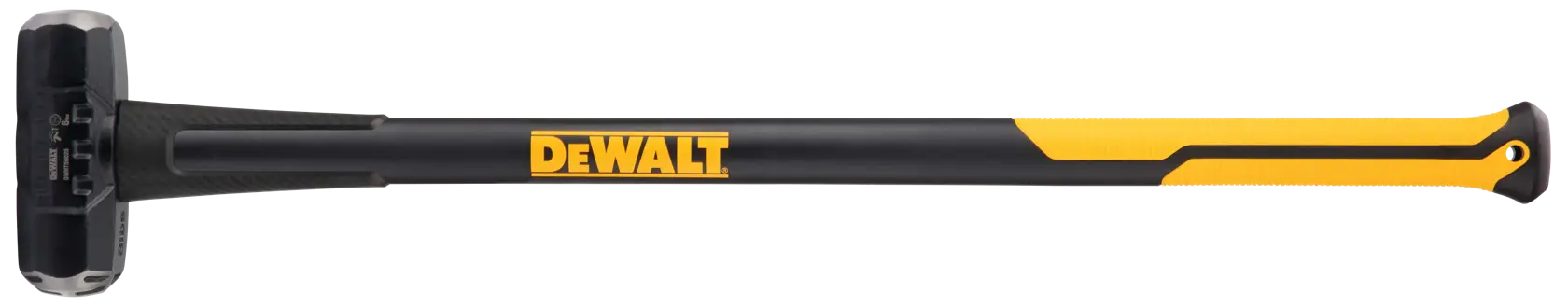 Un mazzuolo a marchio DEWALT con manico nero e giallo e testa in metallo solido.