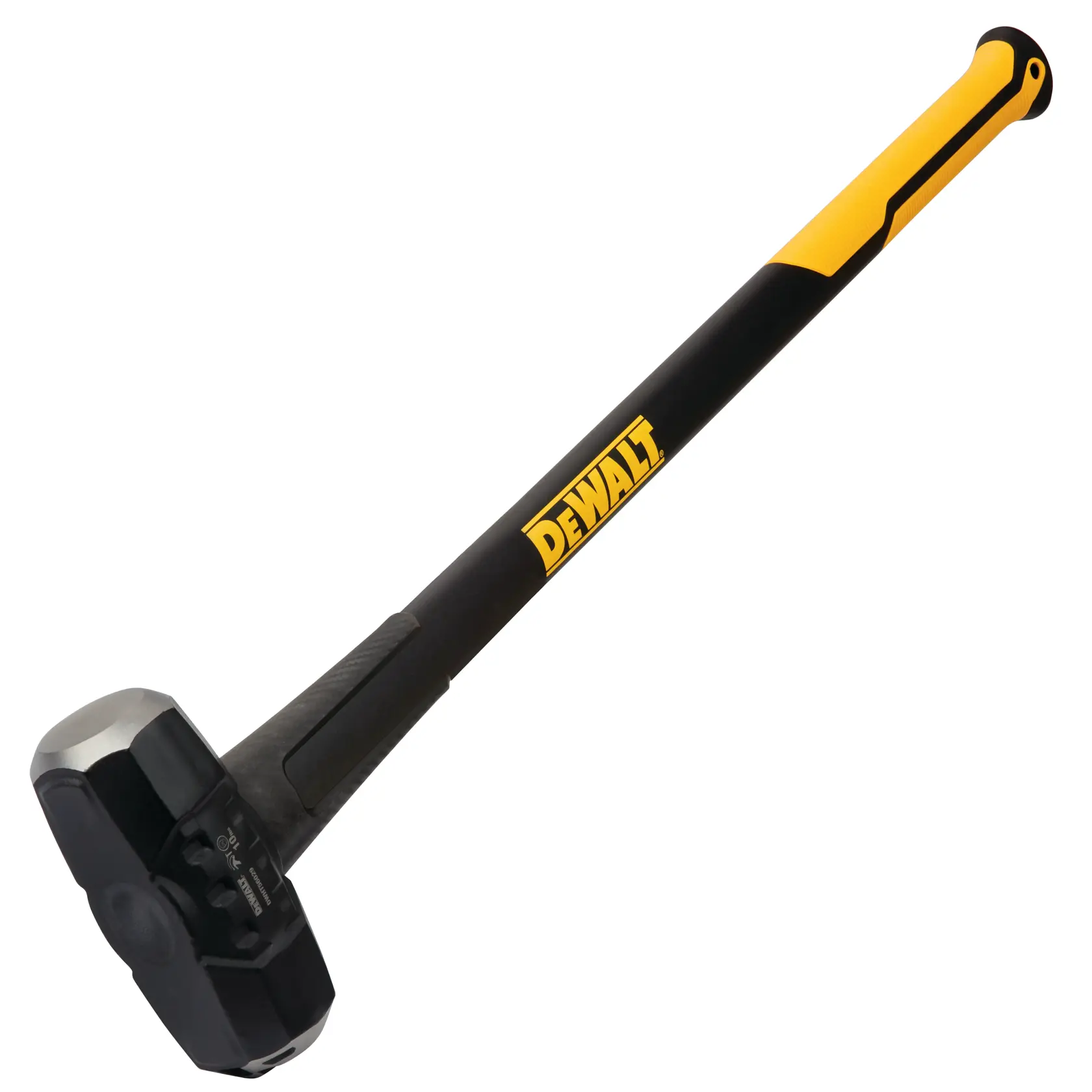 Un mazzapicchio DEWALT con manico nero e giallo e una grande testa in metallo, mostrato su sfondo bianco.