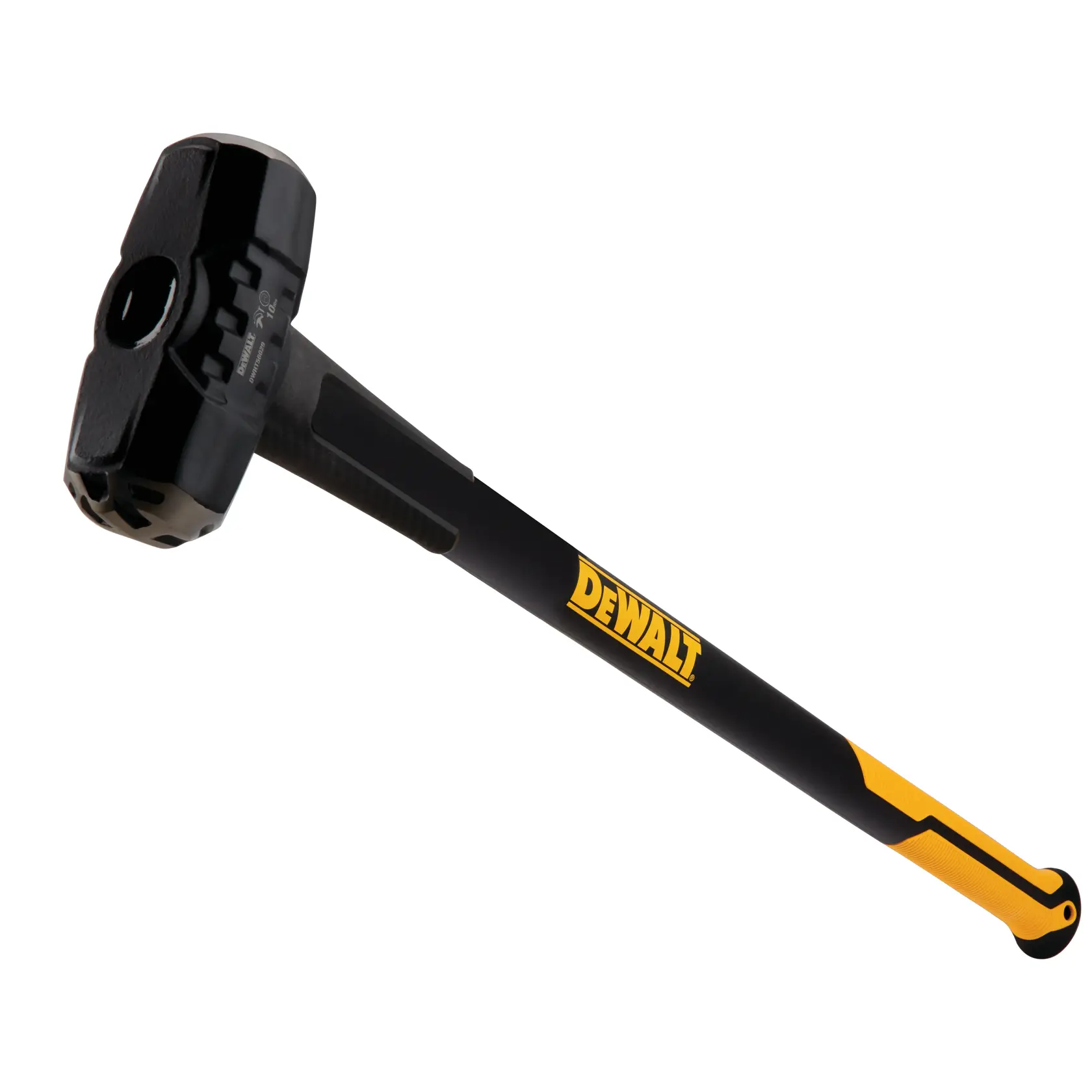 Un mazzuolo DEWALT con manico nero e giallo e una testa in metallo resistente, mostrato su sfondo bianco.