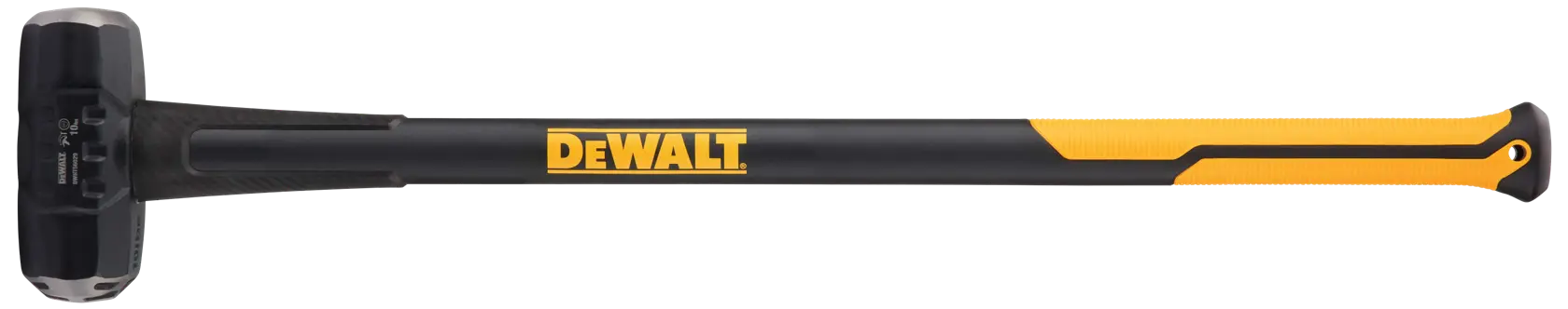 Un mazzuolo DEWALT con manico nero e giallo e testa in metallo, mostrato su sfondo bianco.