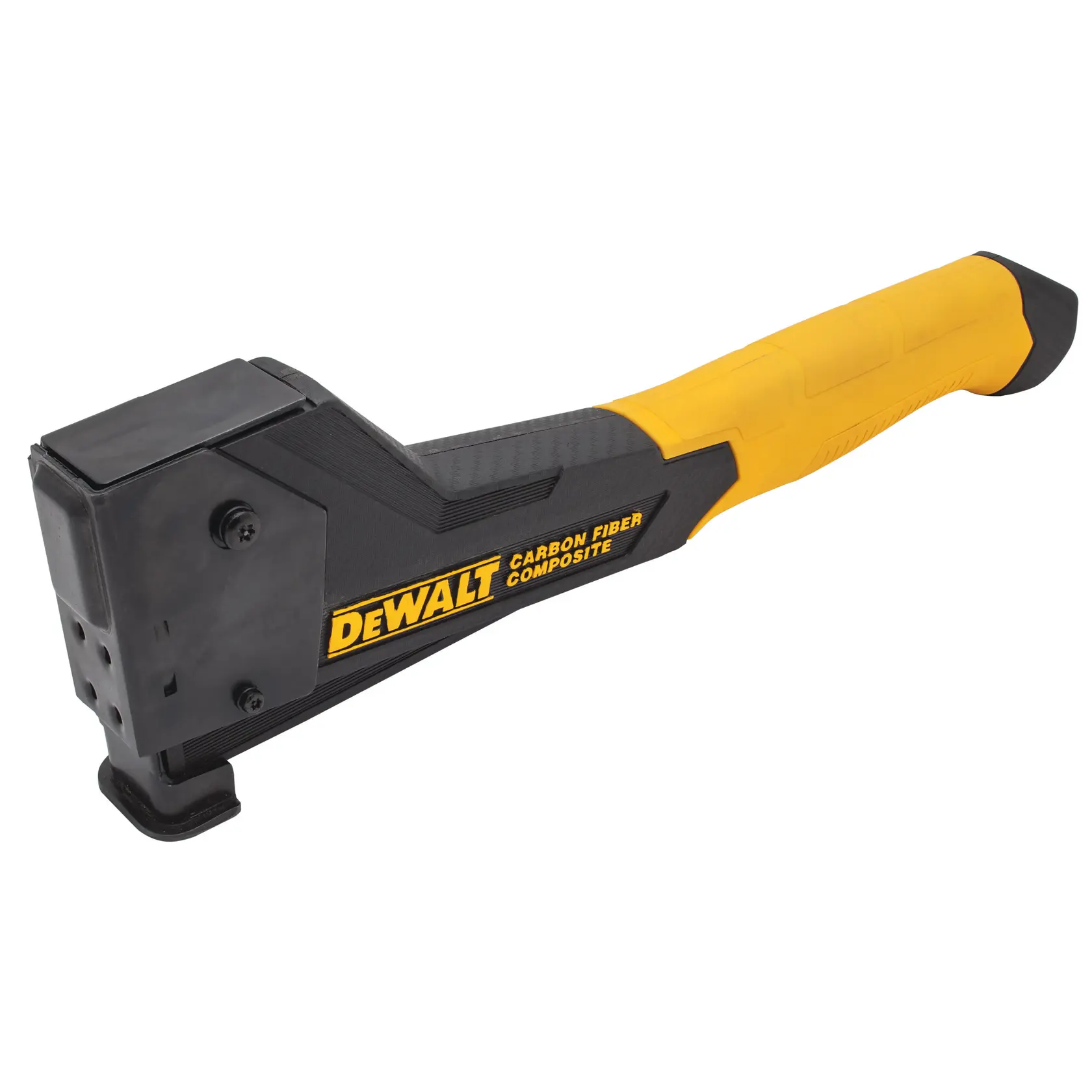 Un tacker a martello DEWALT in composito di fibra di carbonio con manico giallo e nero, mostrato di lato.