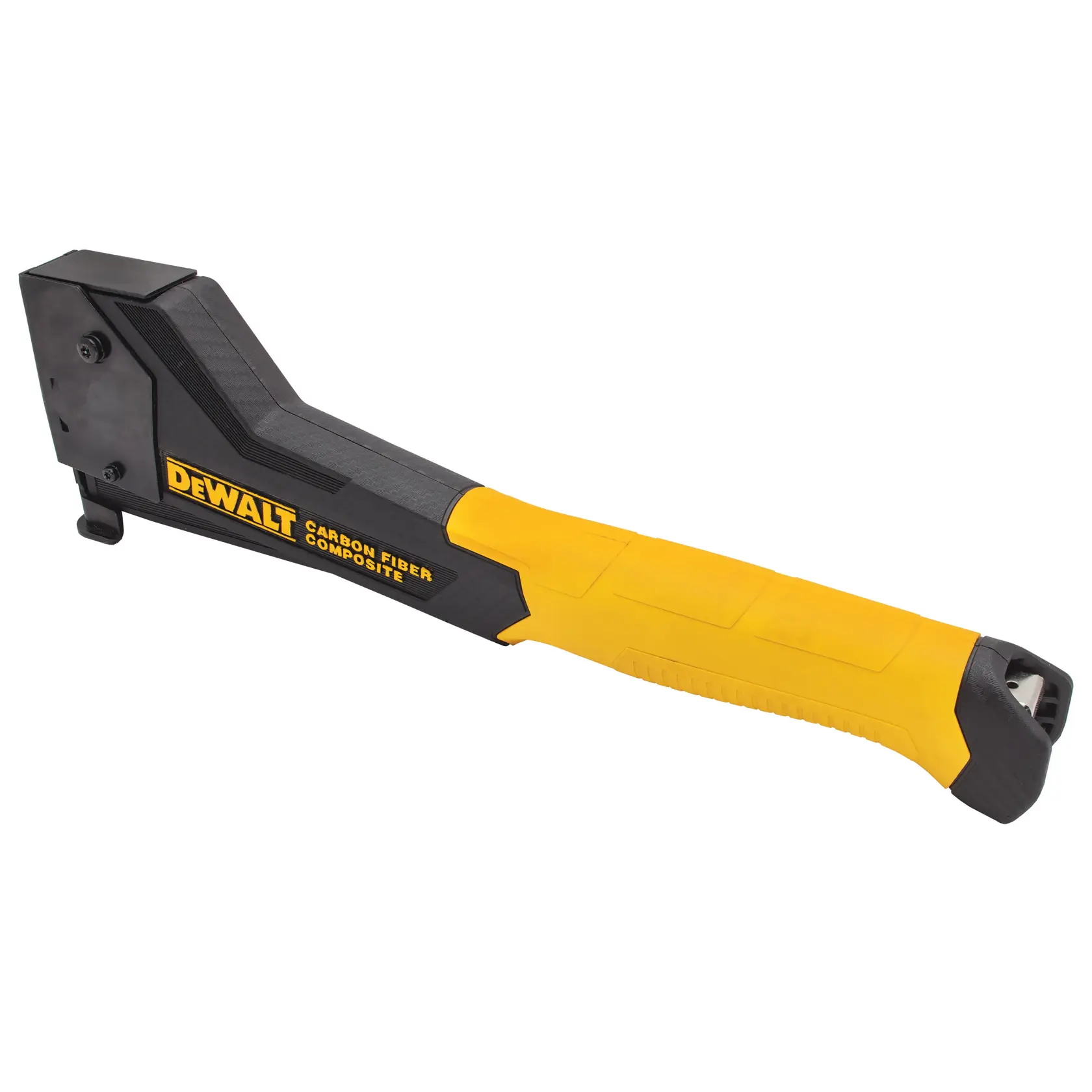 A DEWALT carbon fiber composite hammer tacker with a yellow and black handle, shown in a side view.