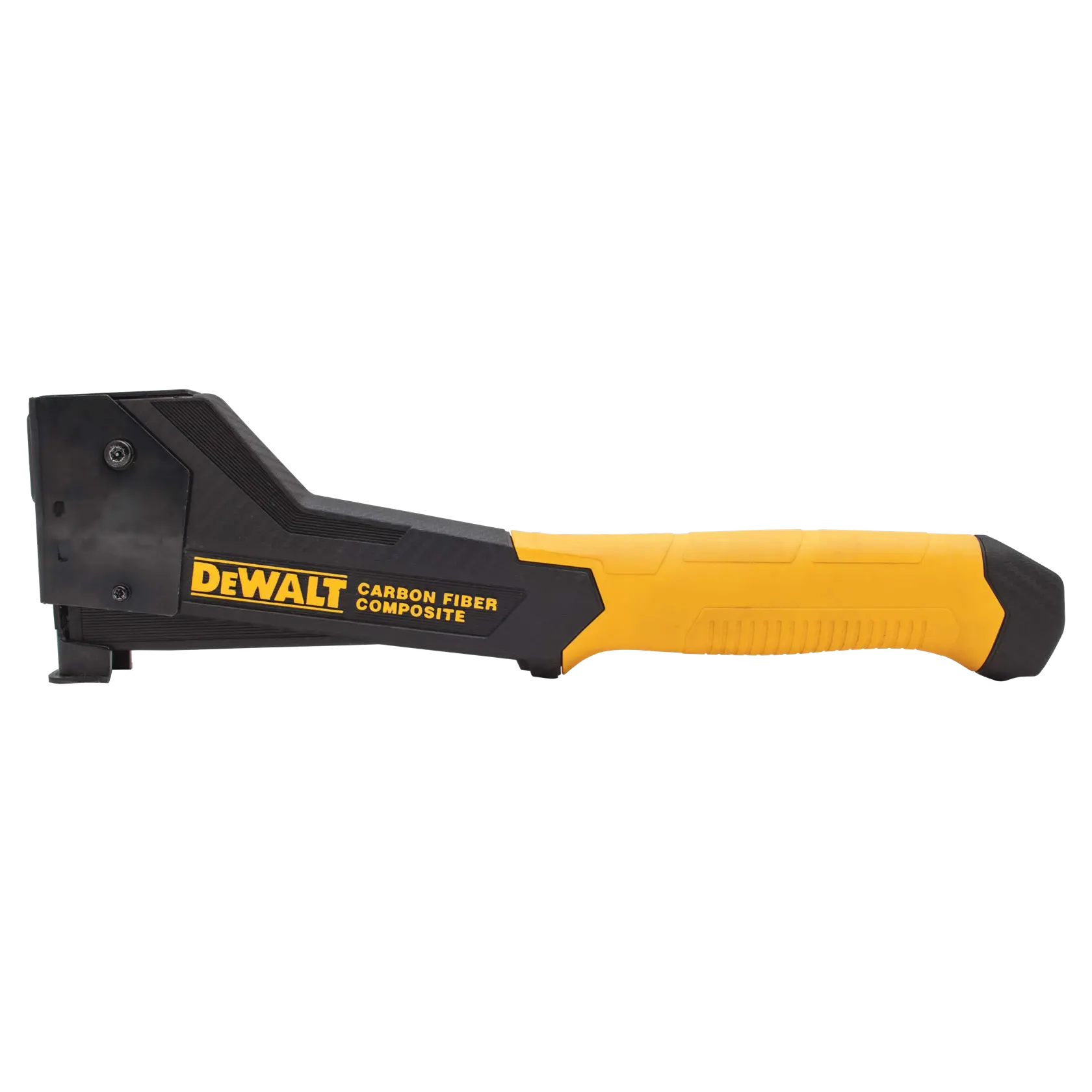 Un tacker a martello DEWALT in composito di fibra di carbonio con manico giallo e nero, mostrato di lato.