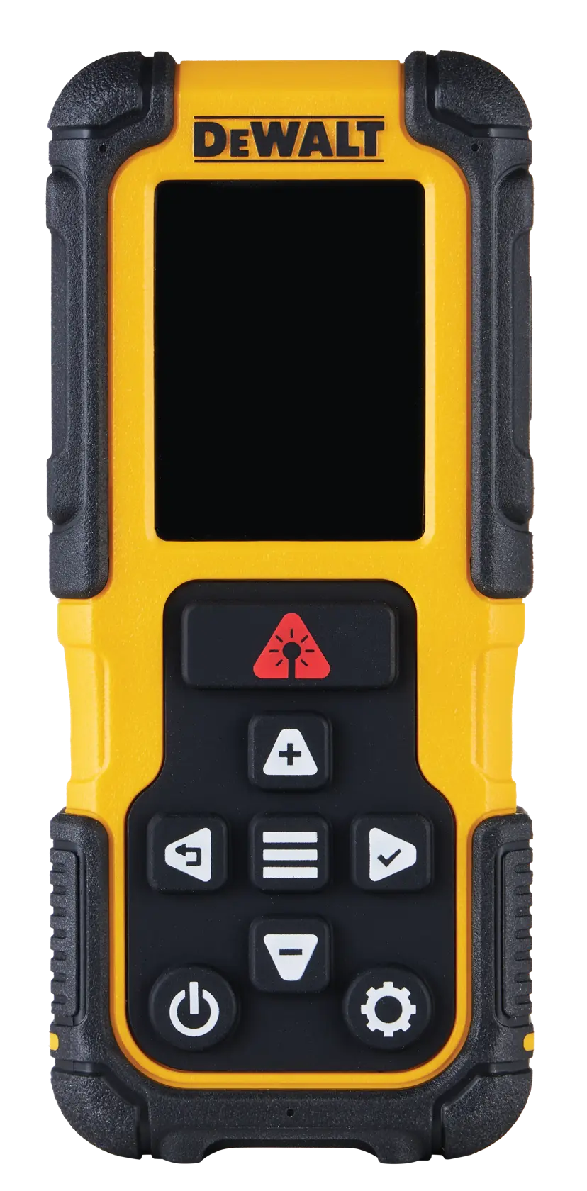 Misuratore laser di distanza DEWALT giallo con schermo digitale e più pulsanti funzione.