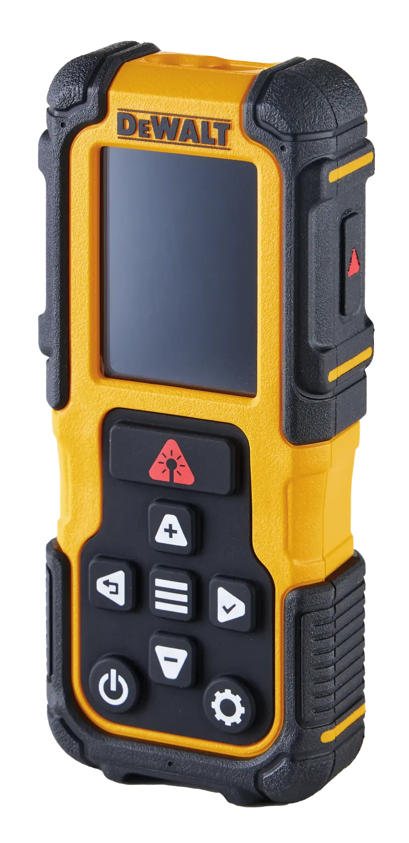 A yellow and black DEWALT hand-held electronic device with a display screen and several buttons. The device is rugged and appears designed for professional use, likely a laser distance measurer or digital measuring tool.