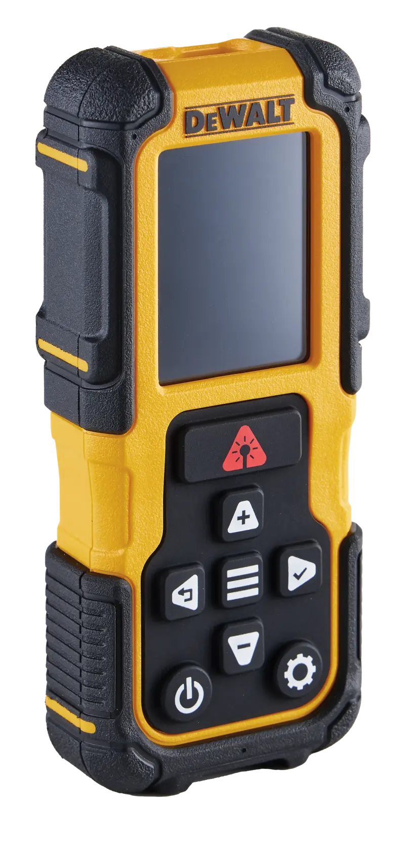 A DEWALT handheld electronic device with a rugged black and yellow casing, screen, and multiple buttons, including power and function symbols.