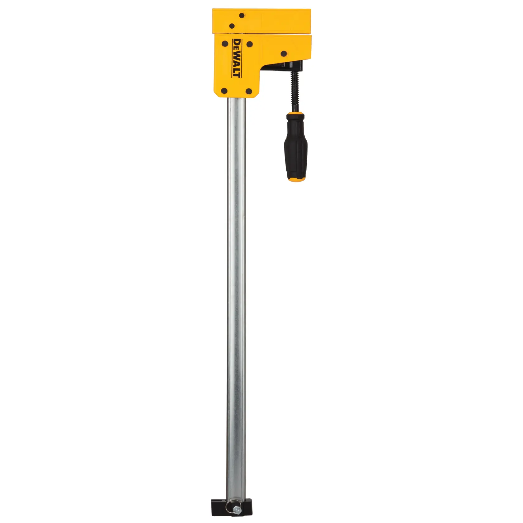 Un morsetto a barra DEWALT con ganascia regolabile e manico giallo, utilizzato per lavori di falegnameria e fissaggio di materiali.