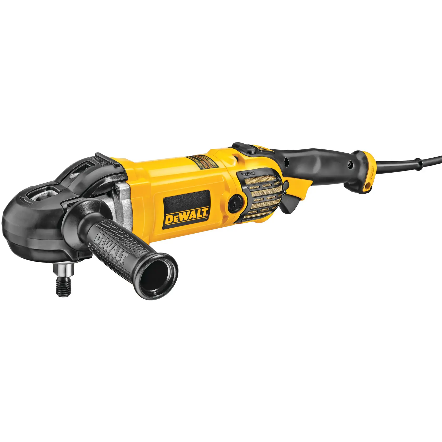Une personne polit le capot d'une voiture de sport rouge avec une polisseuse DEWALT DWP849X dans un garage.
