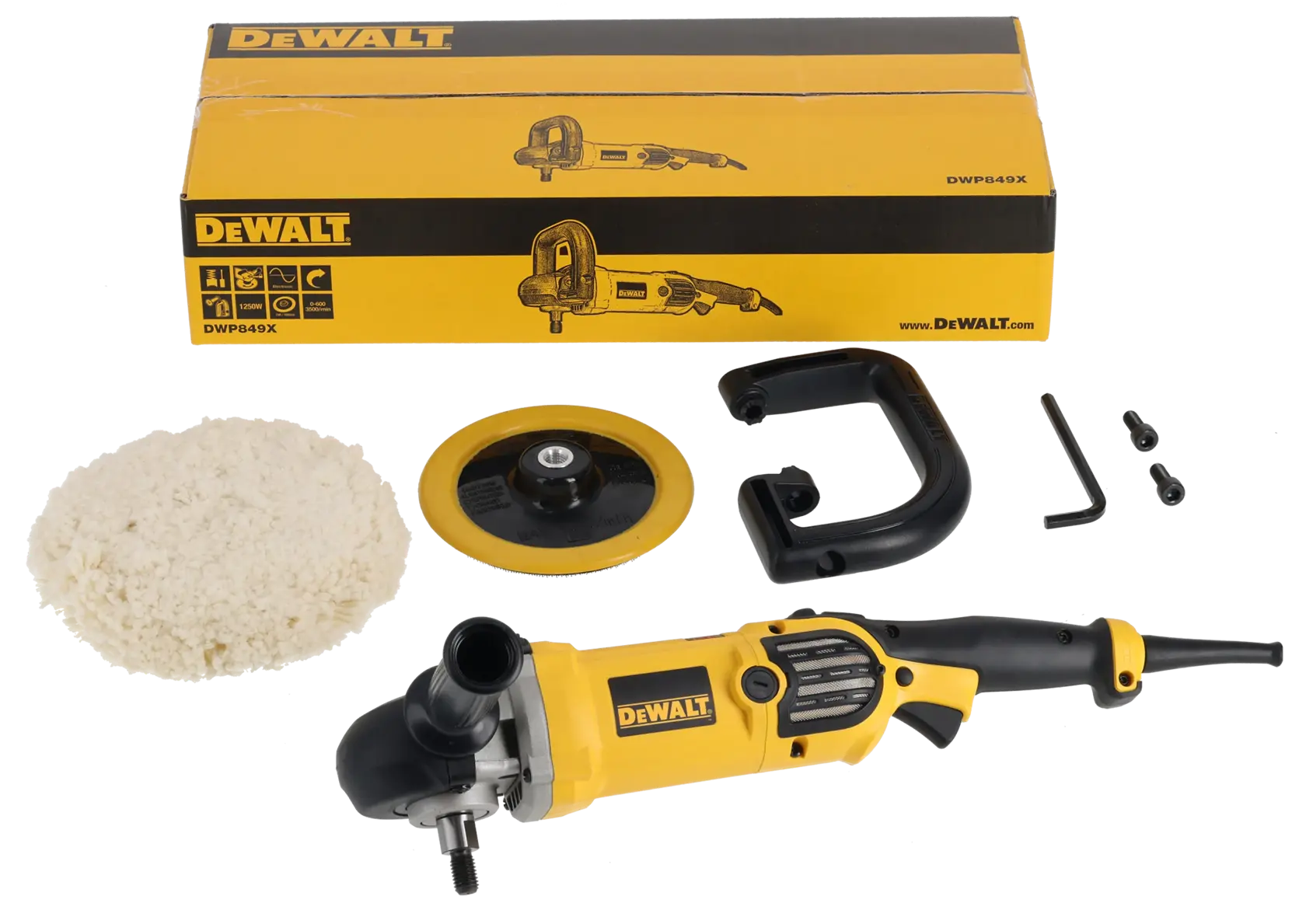 A person is polishing the hood of a red sports car with a DEWALT DWP849X polisher in a garage.