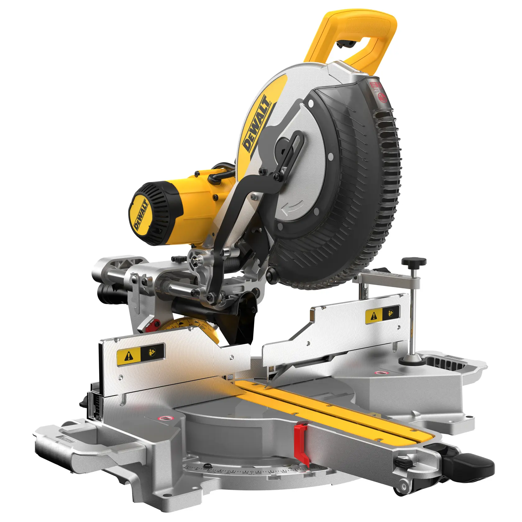 Una troncatrice a scorrimento DEWALT DWS780 con design giallo e argento, grande lama circolare, base robusta e recinzione regolabile.