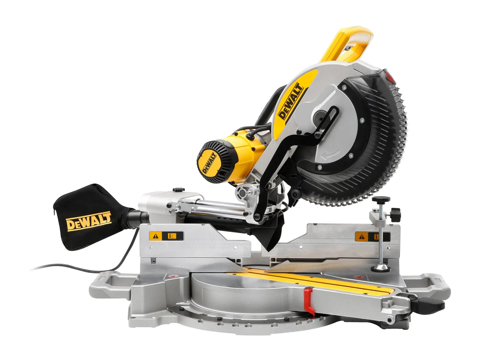 A DEWALT DWS780 sliding compound miter saw with a yellow and black design, featuring a dust collection bag and a large circular blade mounted on a metallic base.