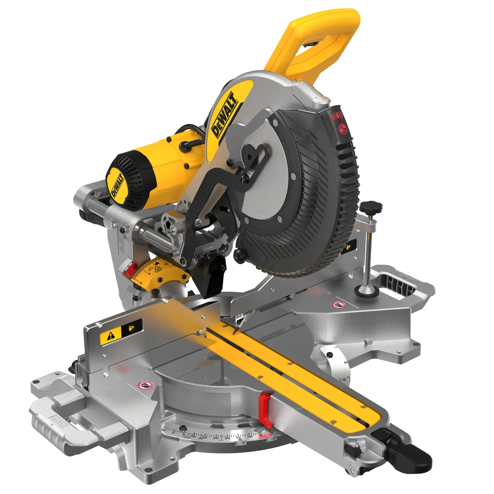 A person wearing a high-visibility vest and a hard hat is using a DEWALT DWS780 miter saw to cut a piece of wood at a construction site. The background shows structural columns and an unfinished building.