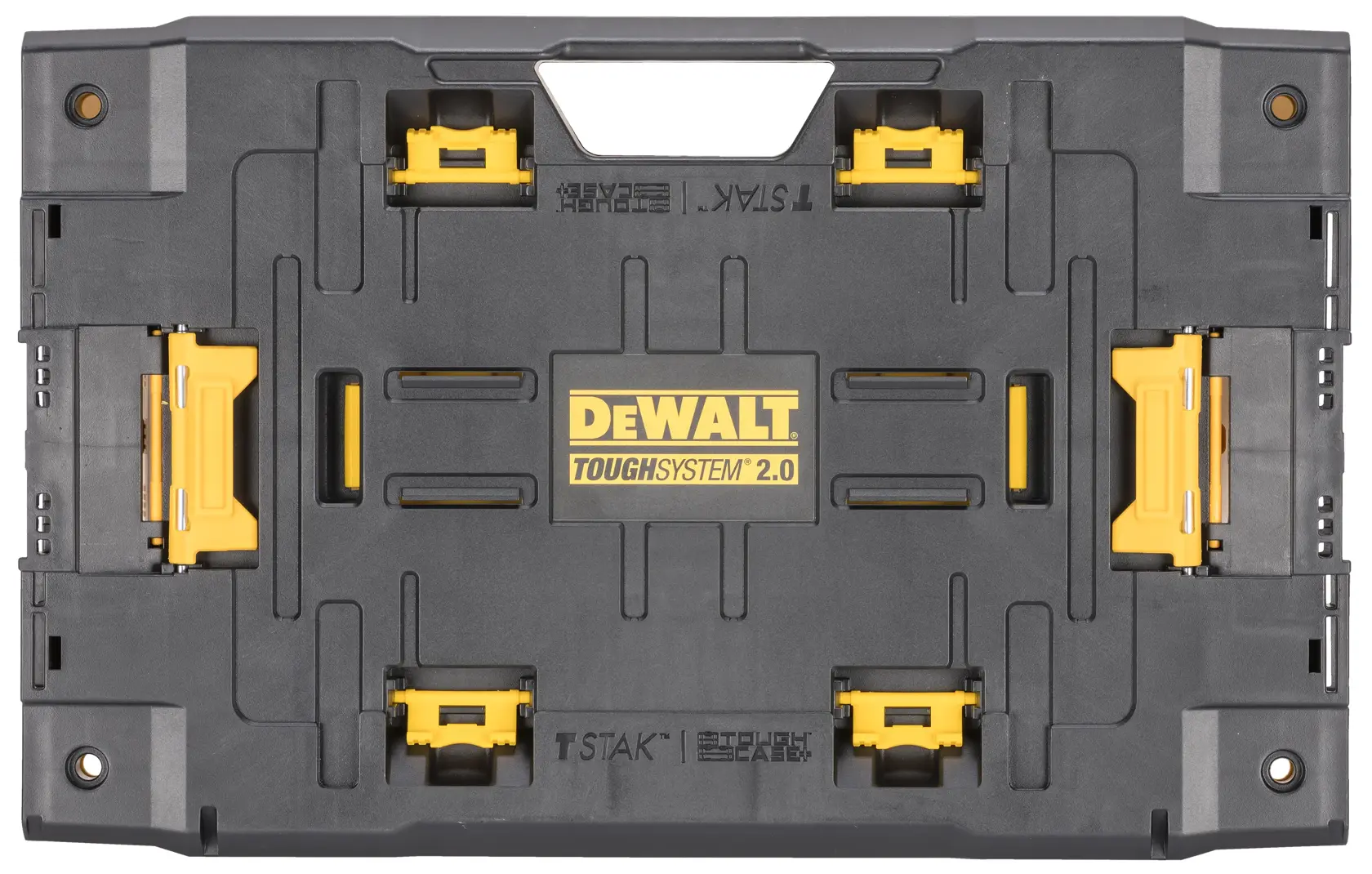 Una scatola porta attrezzi DEWALT ToughSystem 2.0 nera e gialla, vista dall'alto. La scatola ha un design robusto con chiusure e il logo DEWALT al centro.