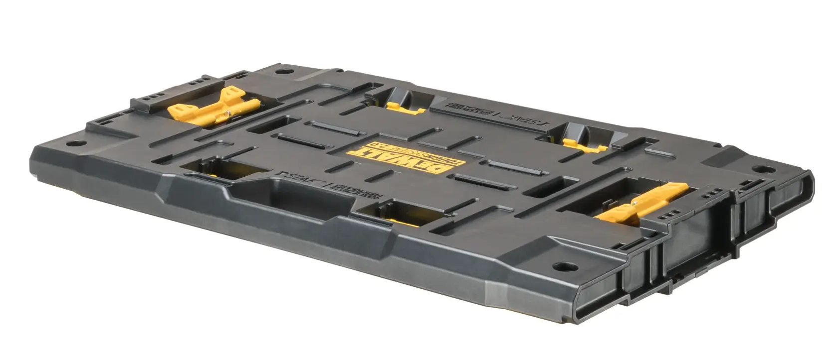 A black and yellow DEWALT flat tool storage tray, designed for organizing and transporting tools. The tray features built-in handles and secure latches for stacking compatibility.