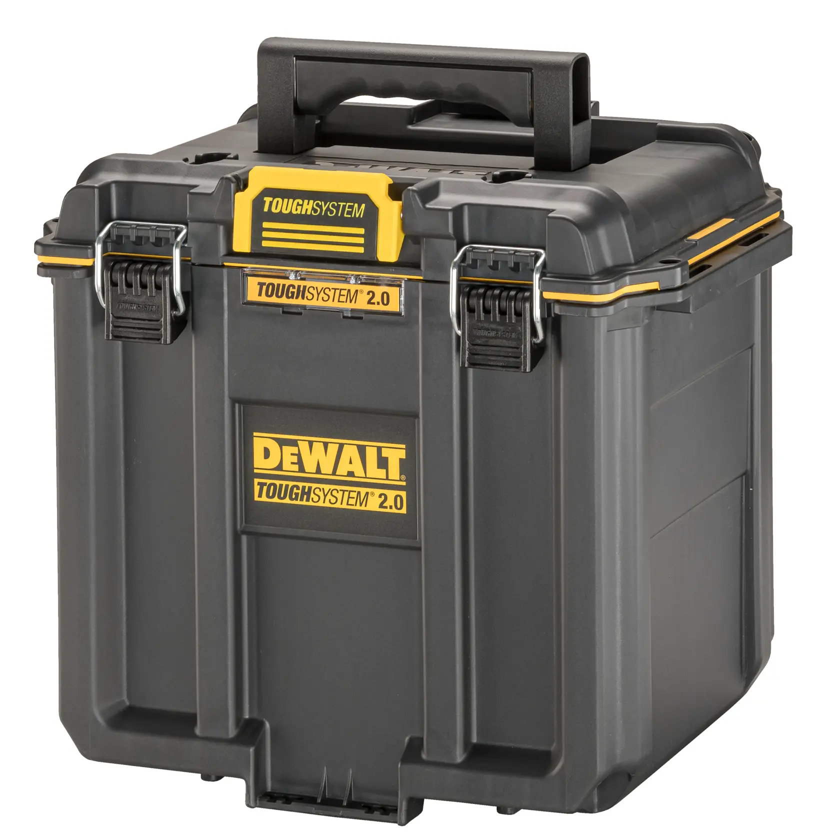 Una scatola portaoggetti DEWALT ToughSystem 2.0 con design nero e giallo, dotata di maniglia robusta e chiusure metalliche sicure.