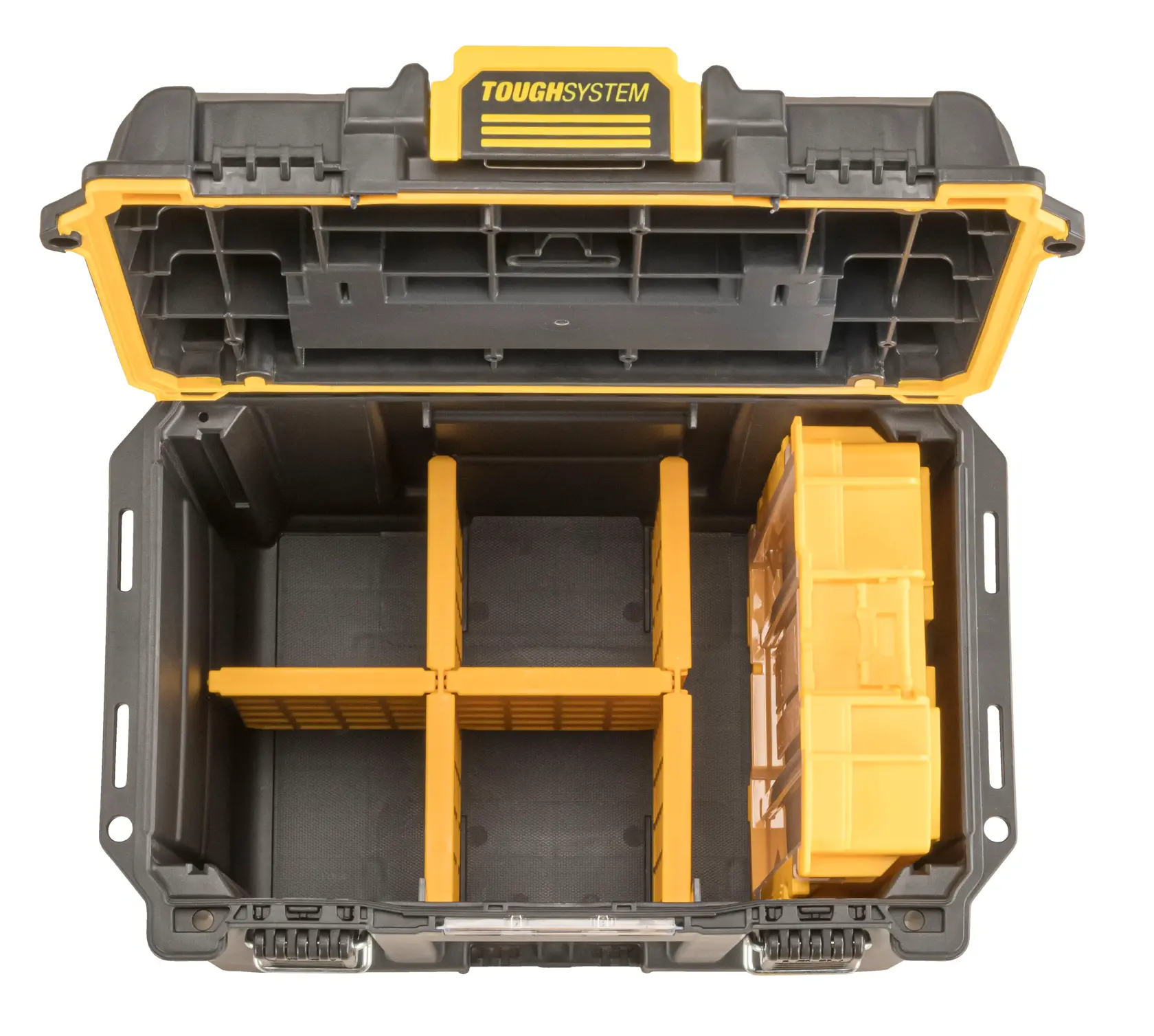 Graphique promotionnel DEWALT ToughSystem 2.0 avec le slogan 'Storage Built to Handle It' en grandes lettres jaunes sur un fond sombre texturé.