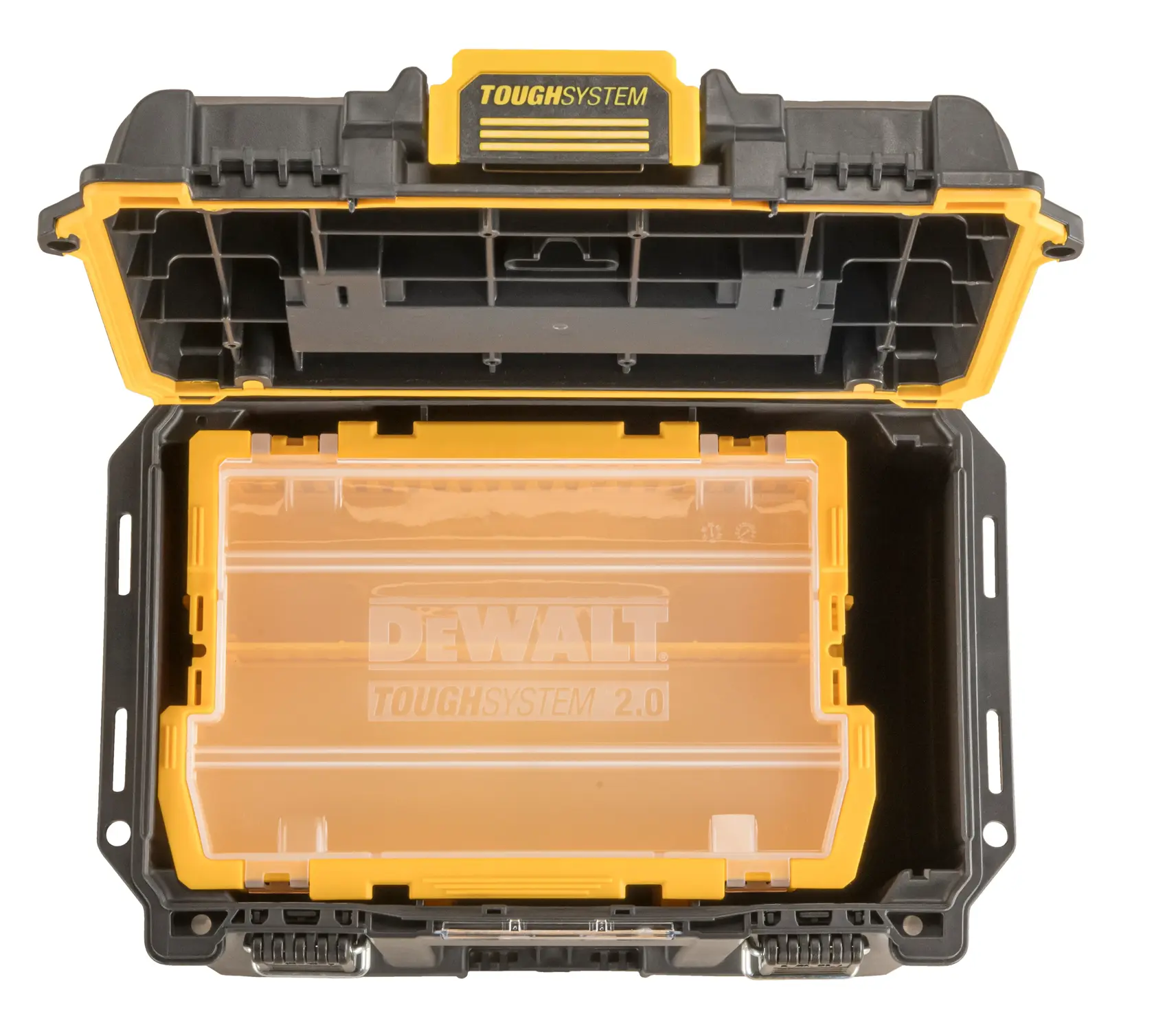 DEWALT ToughSystem 2.0 promotional graphic with the slogan 'Storage Built to Handle It' in large, bold yellow lettering on a dark, textured background.
