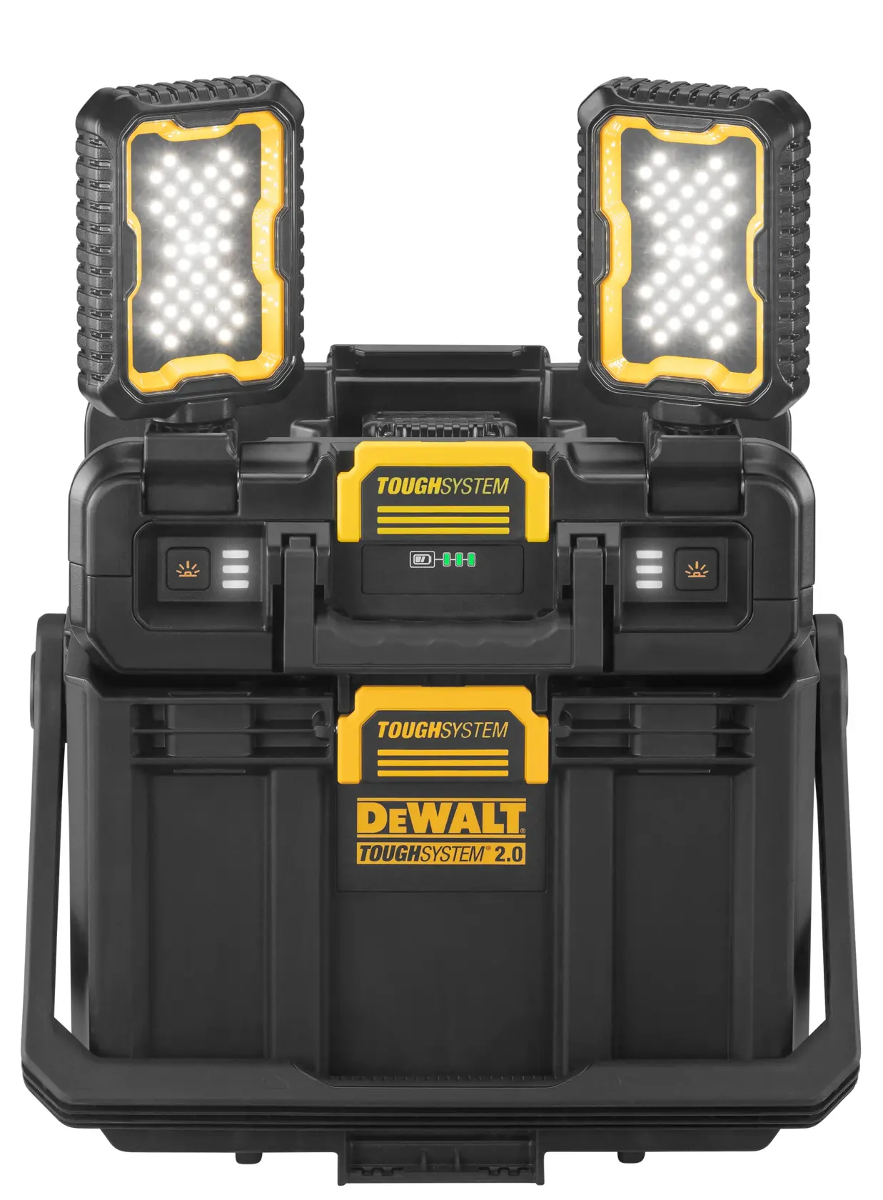 Una scatola portaoggetti portatile DEWALT ToughSystem 2.0 con due luci LED da lavoro integrate nella parte superiore. La scatola è nera e gialla, progettata per durabilità e uso intenso, e dispone di meccanismi di chiusura e maniglie per un trasporto facile.