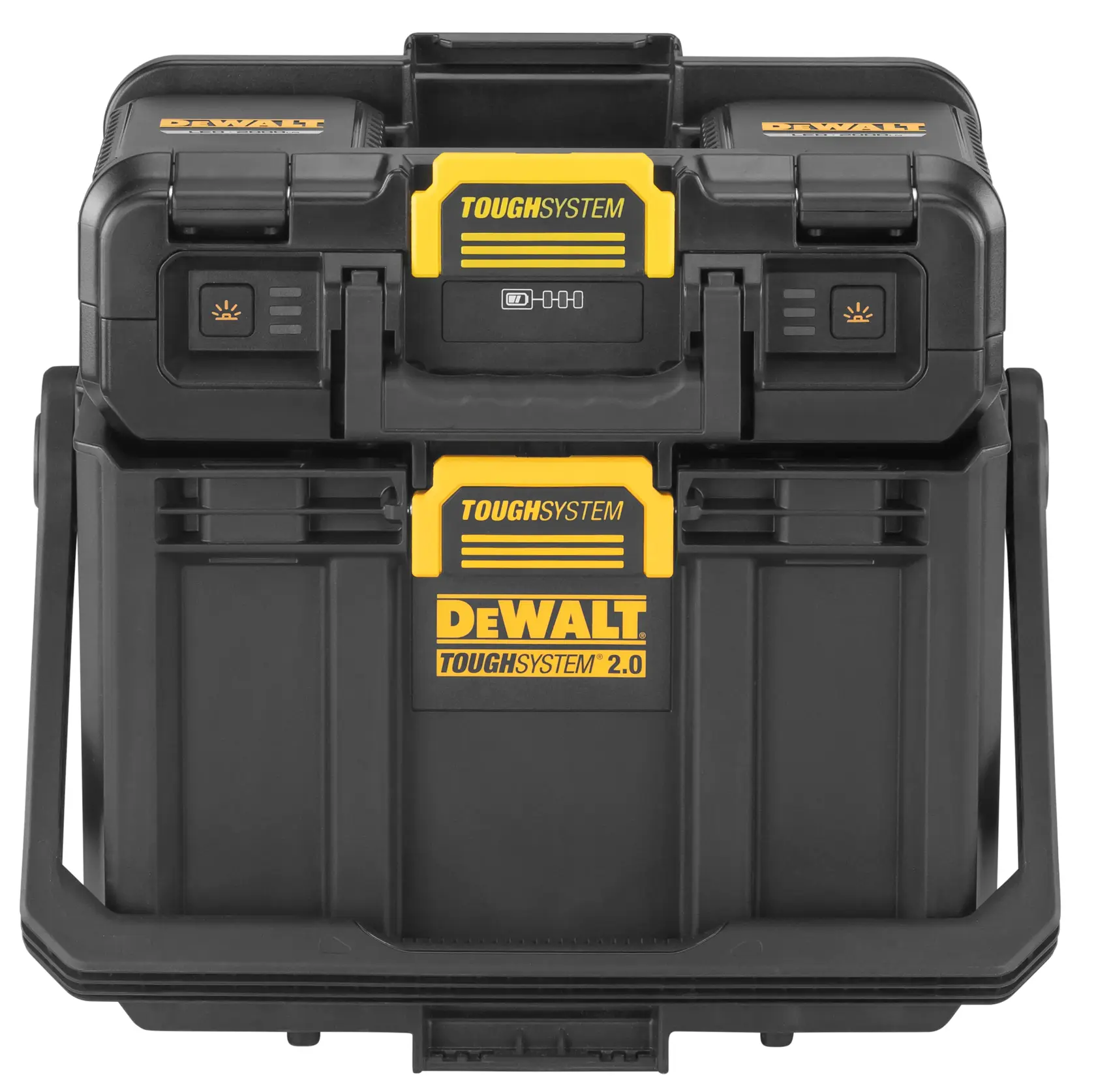 Graphique promotionnel DEWALT ToughSystem 2.0 avec le slogan 'Storage Built to Handle It' en grandes lettres jaunes sur un fond sombre texturé.