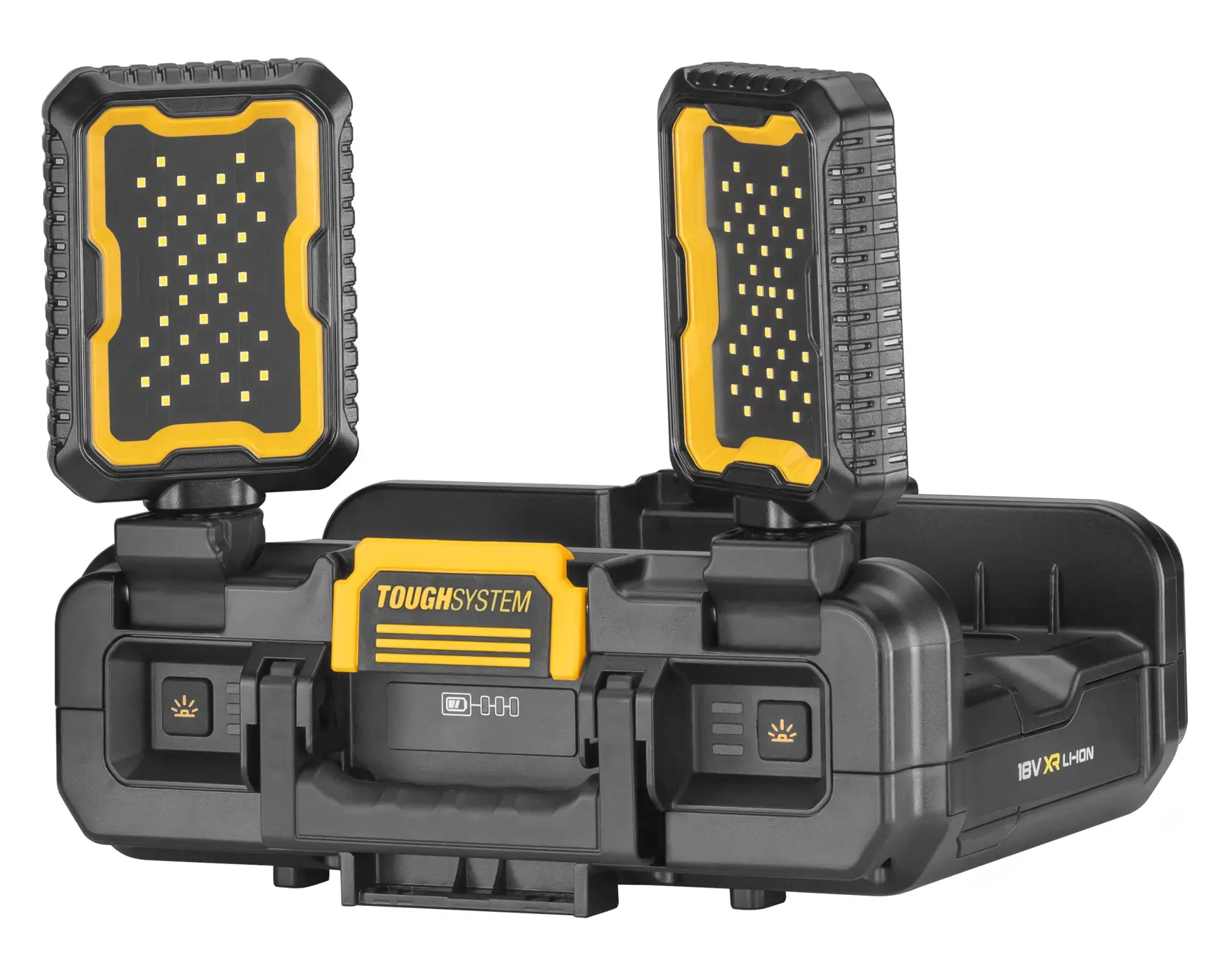 DEWALT ToughSystem 2.0 promotional graphic with the slogan 'Storage Built to Handle It' in large, bold yellow lettering on a dark, textured background.