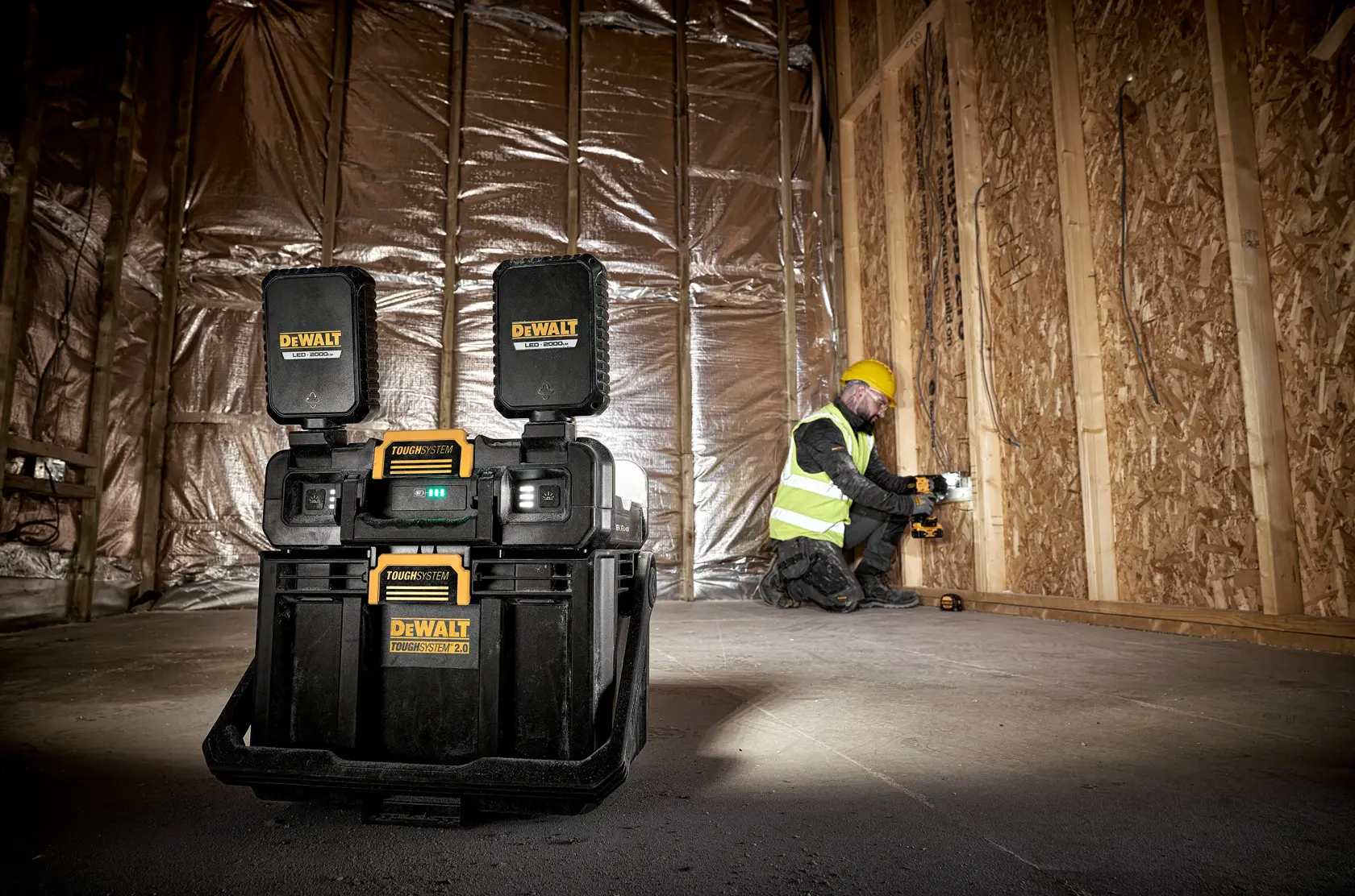 DEWALT ToughSystem 2.0 promotional graphic with the slogan 'Storage Built to Handle It' in large, bold yellow lettering on a dark, textured background.