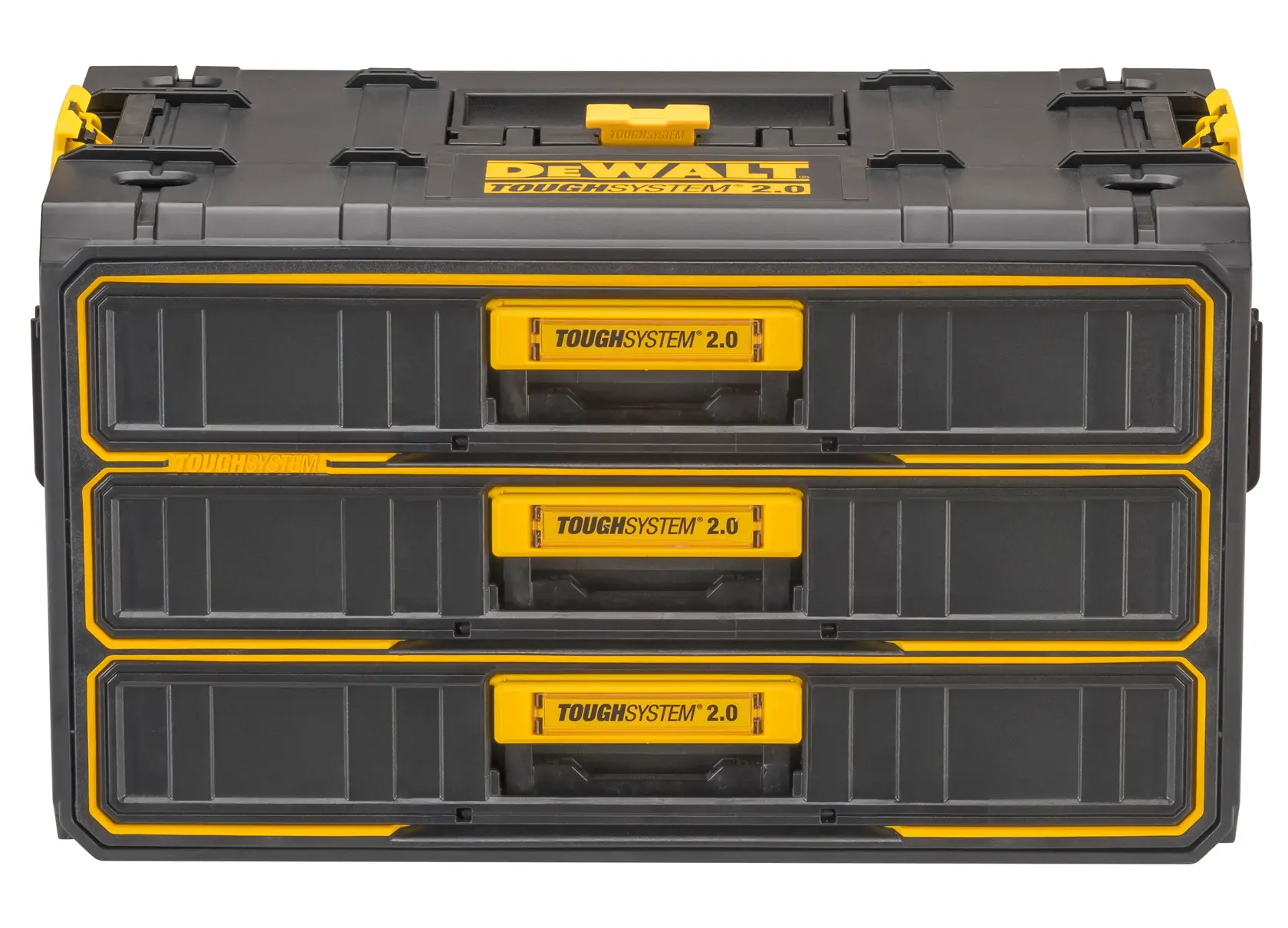 Graphique promotionnel DEWALT ToughSystem 2.0 avec le slogan 'Storage Built to Handle It' en grandes lettres jaunes sur un fond sombre texturé.