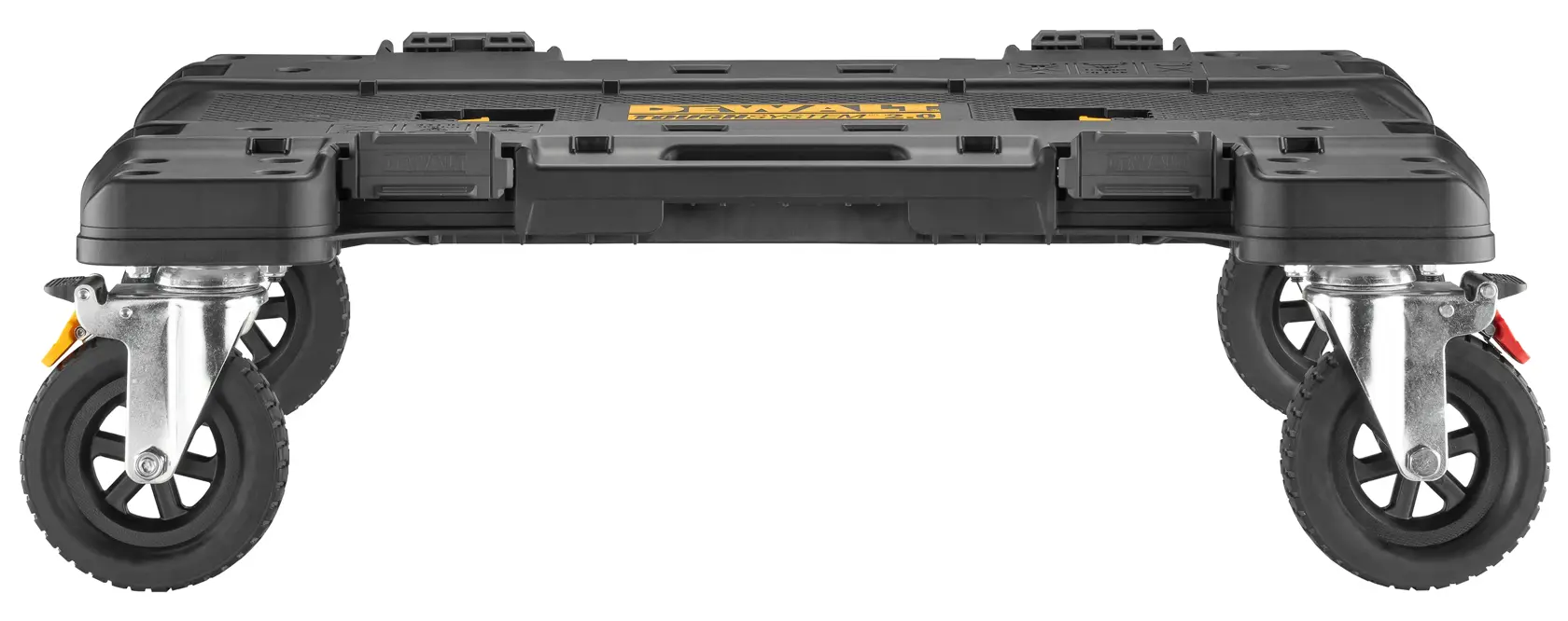 Graphique promotionnel DEWALT ToughSystem 2.0 avec le slogan 'Storage Built to Handle It' en grandes lettres jaunes sur un fond sombre texturé.