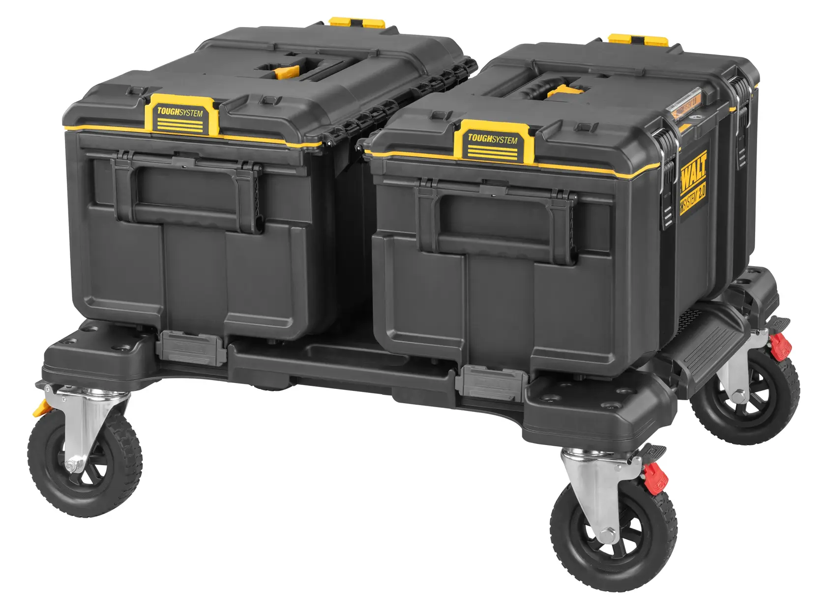 DEWALT ToughSystem 2.0 promotional graphic with the slogan 'Storage Built to Handle It' in large, bold yellow lettering on a dark, textured background.