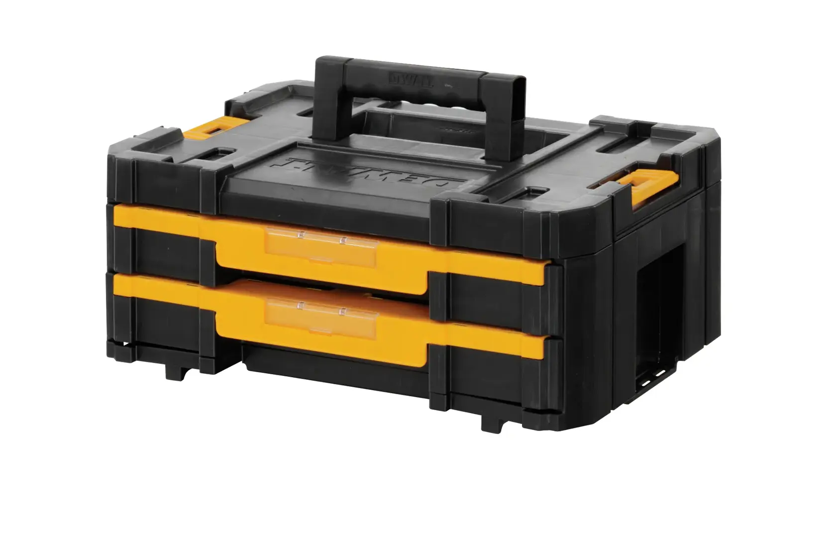 Una cassetta porta attrezzi DEWALT nera e gialla con due cassetti frontali e una maniglia superiore, progettata per organizzare e trasportare gli attrezzi.